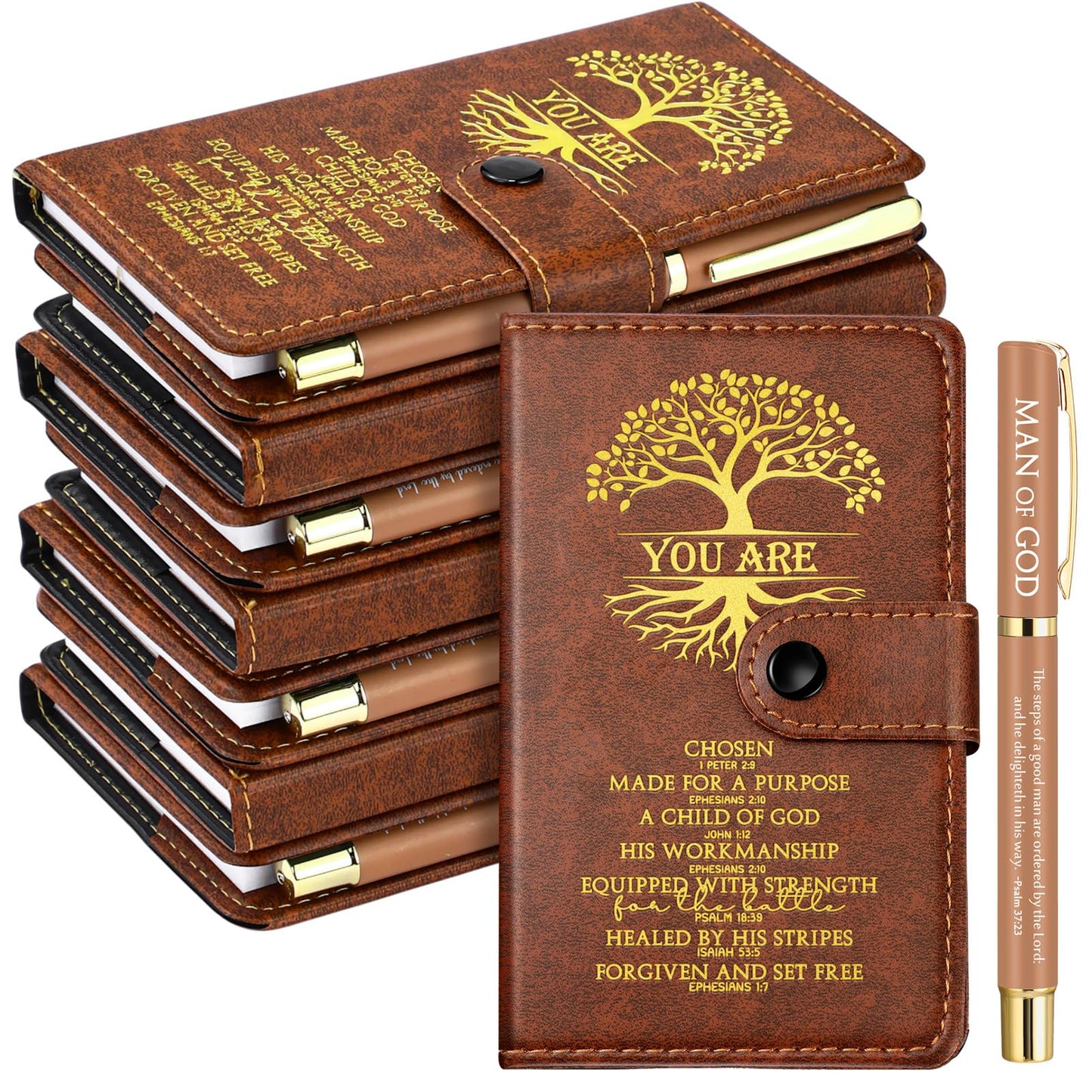 Thenshop 20 Set Christian Gift Man of God Leather Prayer Journal Religious Church Notebook Tree of Life Notepad with Pen Baptism Gift for Pastor Dad Men Women Mothers Fathers Day (Brown)