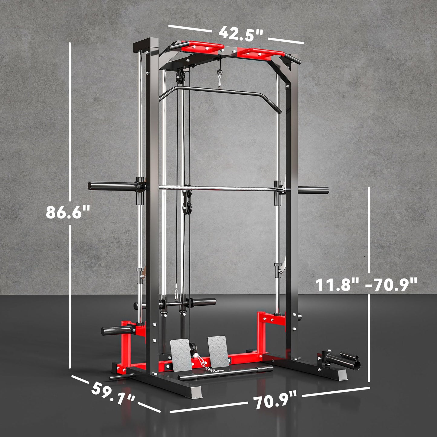 Soozier Power Cage Smith Machine, Multi-Function Power Rack with Pull Up Bar, LAT Pull Down System and Squat Rack, Barbell Bar, Plate Storage Posts, Landmine, for Home Gym