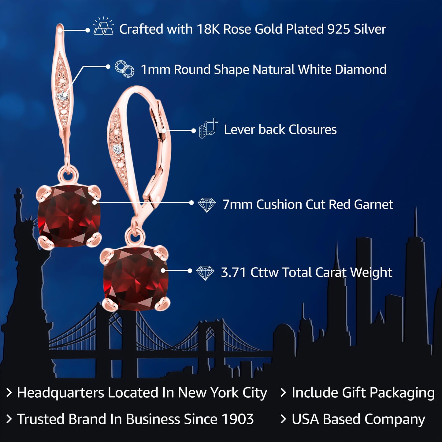 Gem Stone King Drop Dangle Earrings For Women | 7MM Cushion Cut Gemstone Birthstone and Diamond | 925 Sterling Silver | Jewelry Gift for Mom Wife Her | Garnet-January | Rose Gold