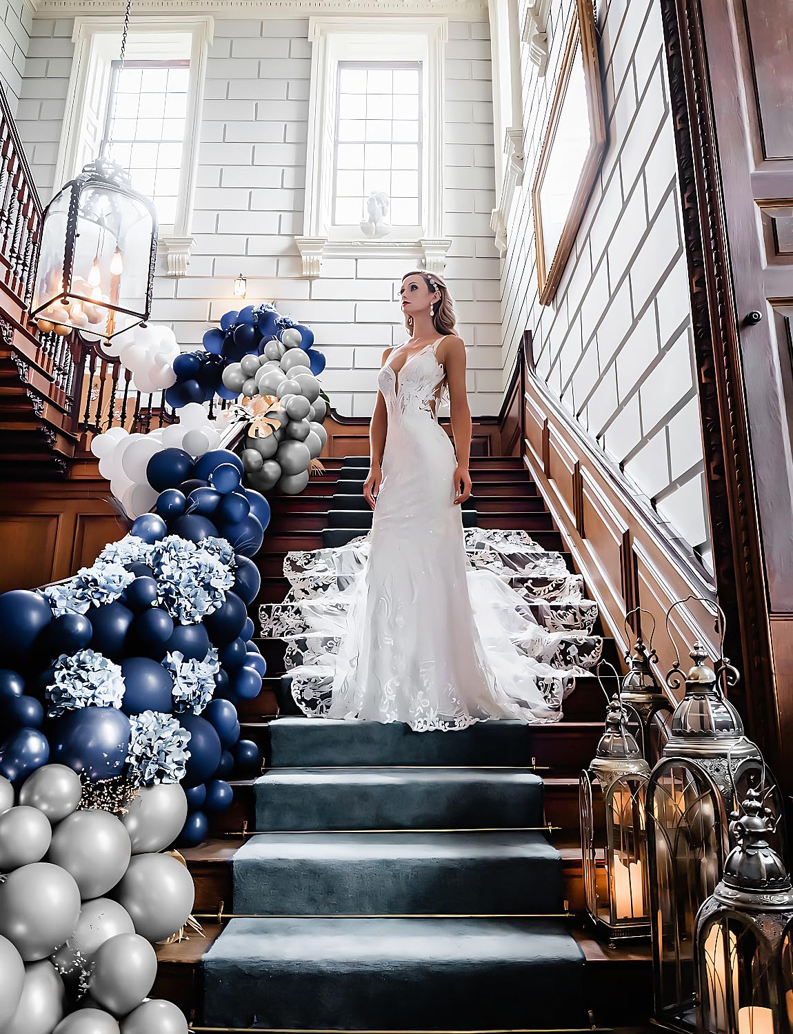 Navy Blue and Silver Balloons Garland Arch Kit,134 Pcs Graduation Balloons, White Navy Blue and Silver Balloons with Confetti Latex Balloons for Graduation, Birthday Baby Shower Wedding Decorations