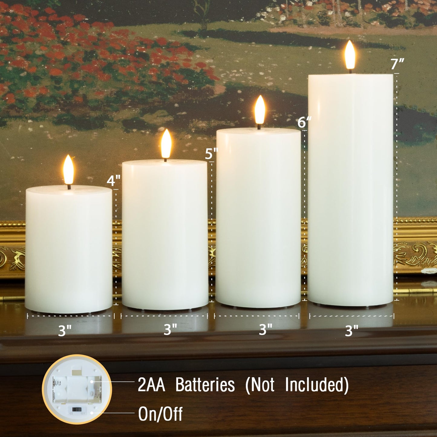 AFINETH White Flameless Pillar Candles, Battery Operated Wax Candles with Remote, Flat Top Flickering Flameless Candles, LED Candle for Home, Wedding, Party Decor, Set of 4, Φ 3" H 4"" 5"" 6"" 8"""