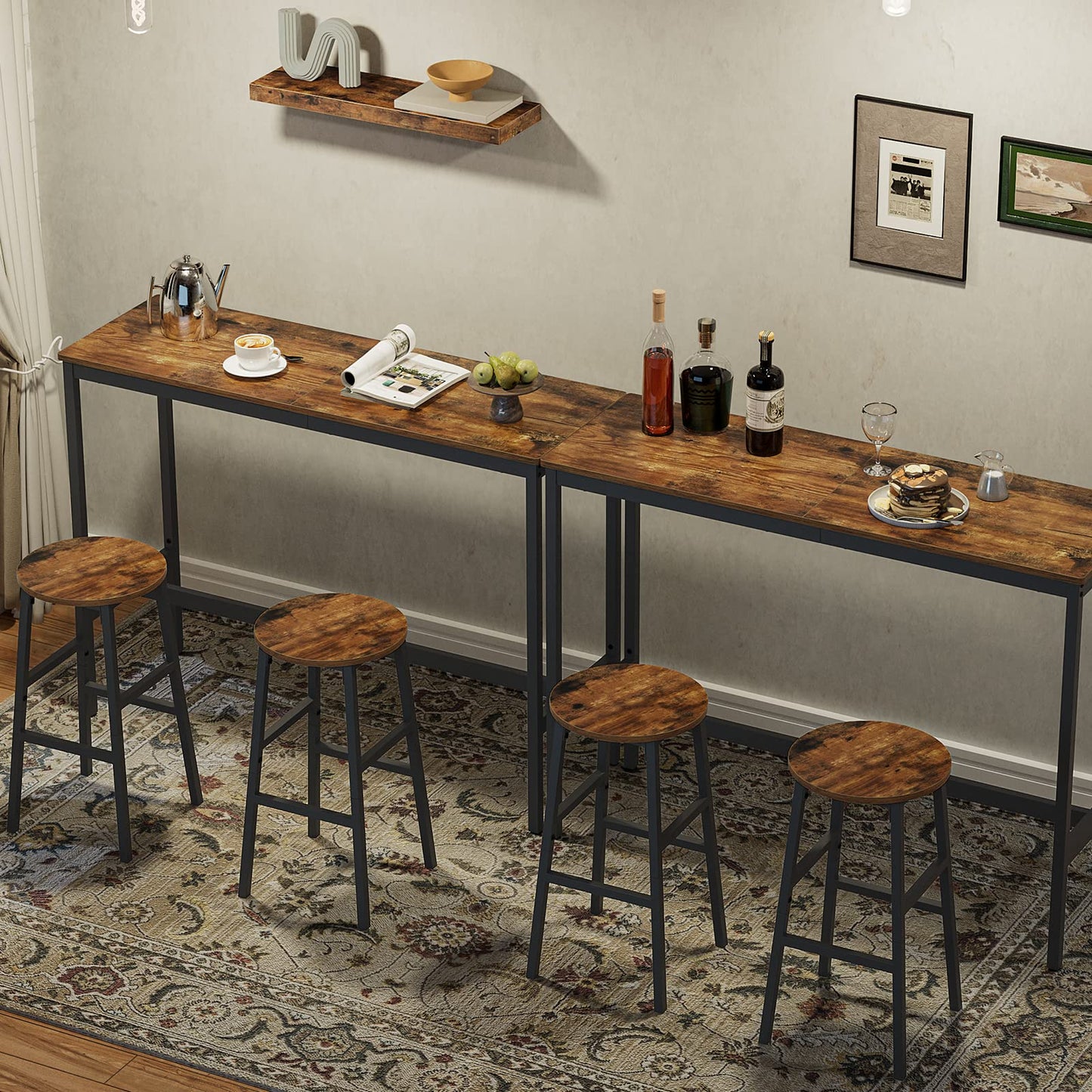 MAHANCRIS Bar Stools, Set of 2 Round Bar Chairs with Footrest, 24.4 Inch Kitchen Breakfast Bar Stools, Industrial Bar Stools, Easy Assembly, for Dining Room, Kitchen, Rustic Brown BAHR0201Z