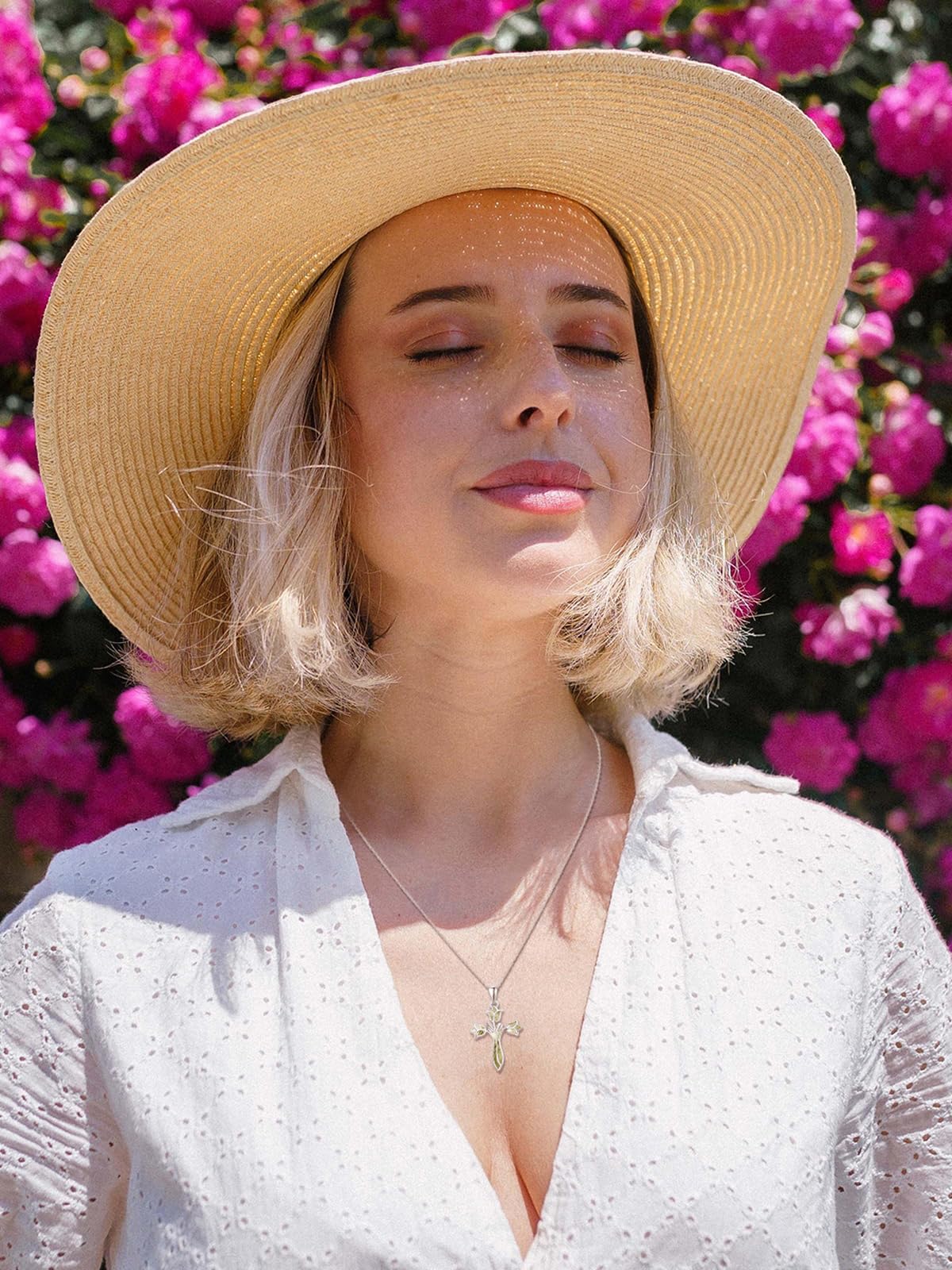 Dreamboat Cross Necklace for Women Sterling Silver Cross Pendant Christian Necklace Tulip Rose Moss Agate Faith Confirmation Gifts Religious Jewelry for Mom