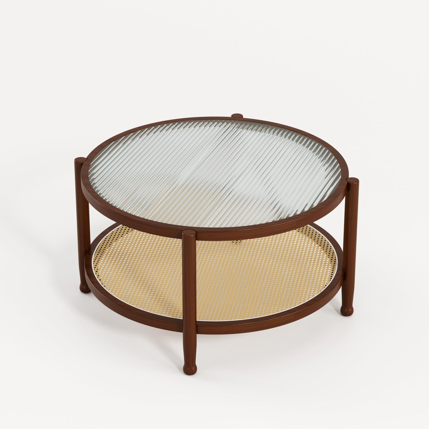 Saylike Rattan Round Coffee Table for Living Room, 32" Boho Circle Table with Tempered Glass Desktop Rustic Solid Wood Farmhouse Accent Center Storage Table (Walnut, 31.5" D x 31.5" W x 17" H)