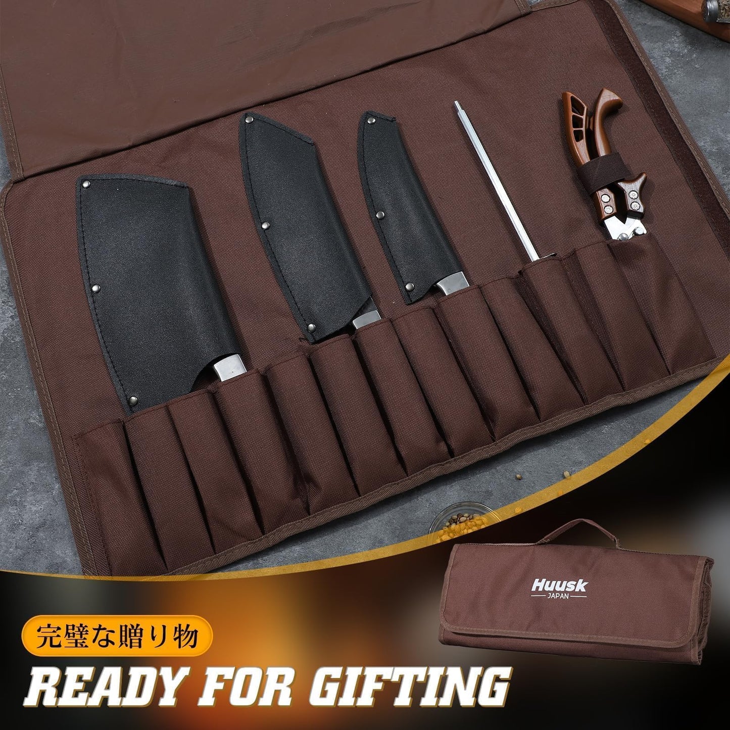 Huusk Chef Knife Set 5Pcs - Hand Forged Meat Cleaver & Chef Viking Knife & Utility Knives, Kitchen Knives Set with Bag for Cooking, Outdoor Camping, BBQ, Gifts for Men
