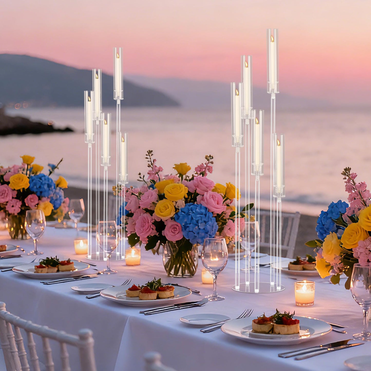 4pcs 45.7in Tall 5 Arm Acrylic Candelabra Centerpieces with Acrylic Shade for Table and Floor, Clear Candle Holders for Wedding Ceremony Birthday Party Home Decoration Fit 0.8in Candles (No Candle)