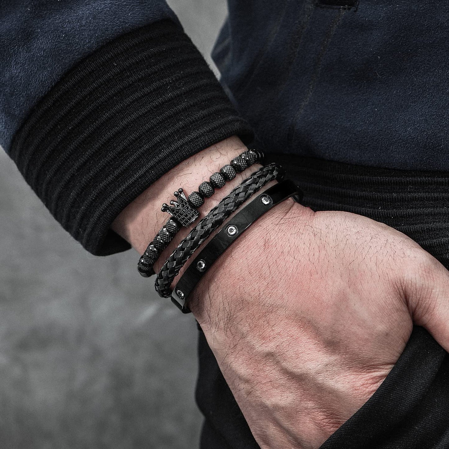 WFYOU 3PCS Stainless Steel Bracelets for Men Gold Roman Numeral Bangle Bracelet Twisted Cable Bracelet Adjustable Cuff Bracelet Mens Luxury Jewelry Bracelets Gifts(CZ Crown Black)