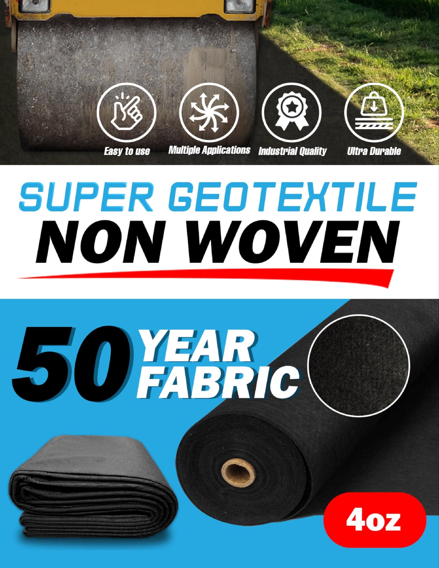 Super Geotextile 4, 6, 8 oz Non Woven Fabric for Landscaping, French Drains, Underlayment, Erosion Control, Construction Projects - 4 oz (3X50)