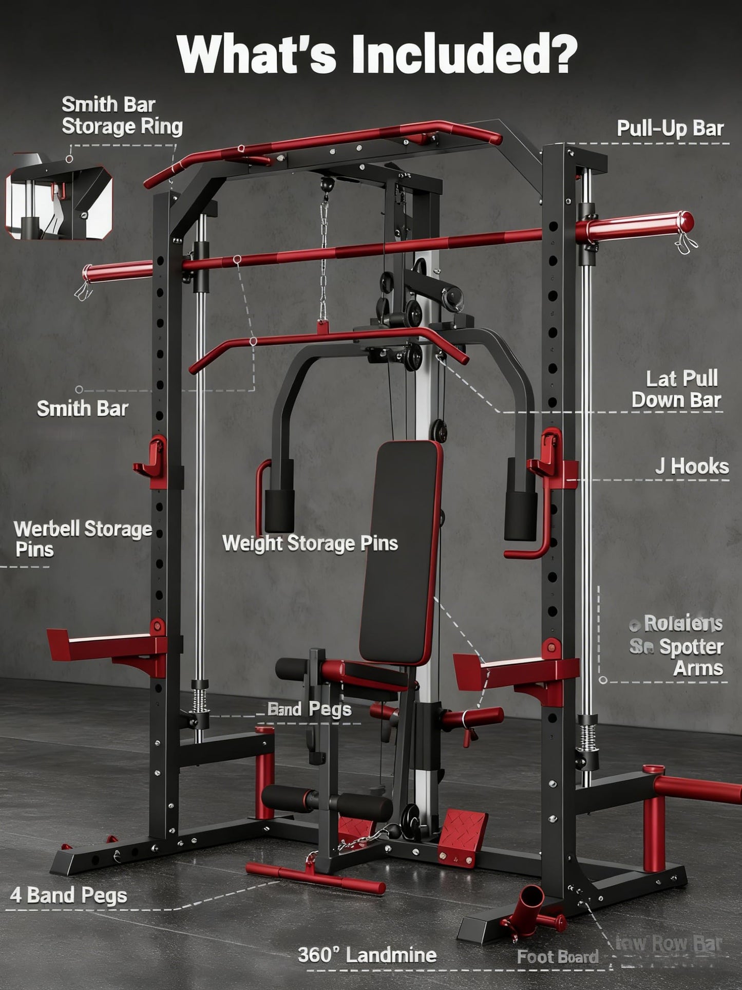 Smith Machine, Home Gym Multi-Functional Smith Machines, with Barbell Bar, Cable Crossover, LAT Pulldown, Spotter Arms, j Hooks and Landmine, Carbon Steel Half Rack for Full Body Strength Training