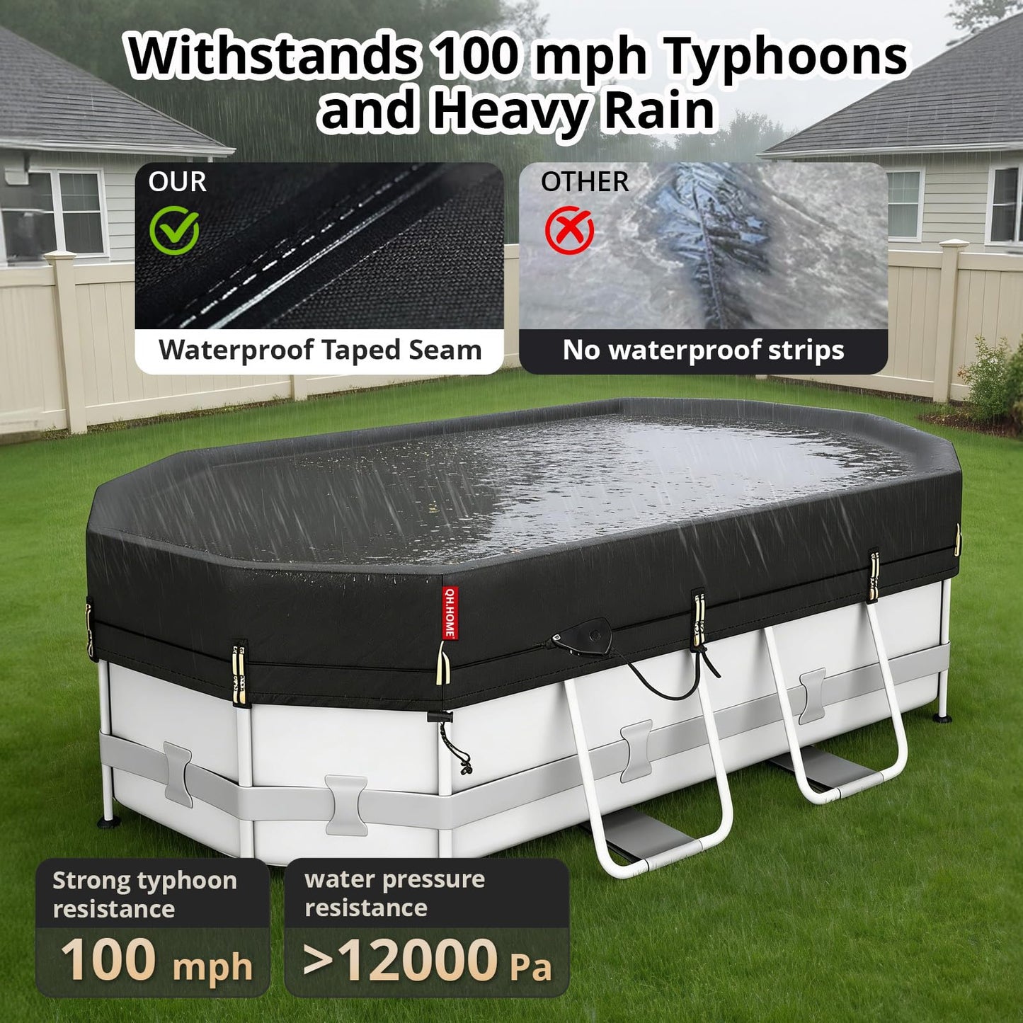 QH.HOME 10x16ft Oval Pool Cover,[Ultimate Windproof & Tear-Resistant Fabric],Snug Fit with Patented Ratchet & Weight Rings,Solar Pool Cover for Above Ground Pools, Blocks Leaves &Waterproof