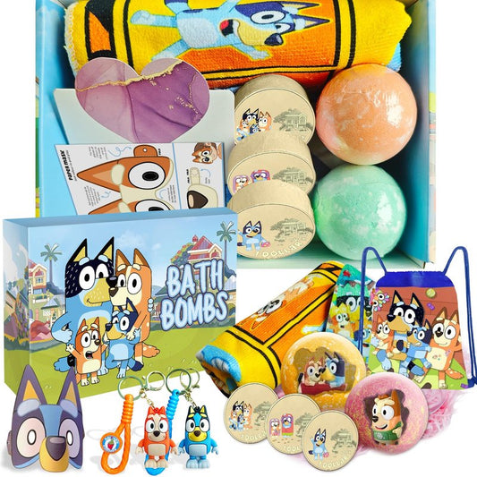The Blue Heelers Gifts Set: Bath Bombs with Toys Inside, Shower Steamers, Mask Craft, Keychain, Drawstring Backpack, Towel, Blanket, Sticker, Poster, Gift Card, Birthday Gifts for Kids,Relaxing Gifts