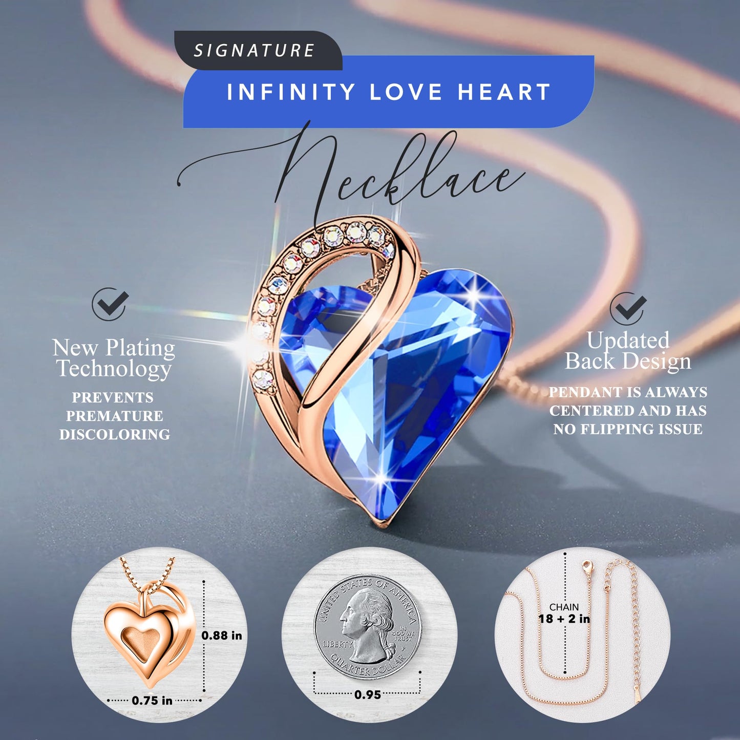 Leafael Gifts for Women Rose Gold Plated Necklaces: Heart Sapphire Blue Crystal, September Birthstone, Hypoallergenic Chain (18"+2"), Birthday Jewelry for Mom, Wife, and Girlfriend