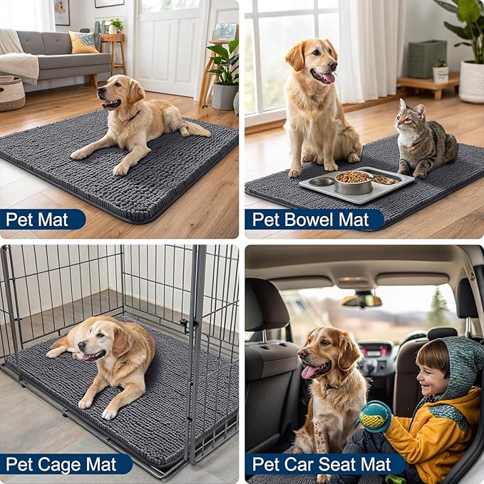Smiry Dog Door Mat for Muddy Paws 44x32, Absorbs Moisture and Dirt Doormat, Non-Slip Washable Quick Dry Chenille Front Door Mat Indoor Entrance, Entryway Carpet for Inside Floor, Dark Grey