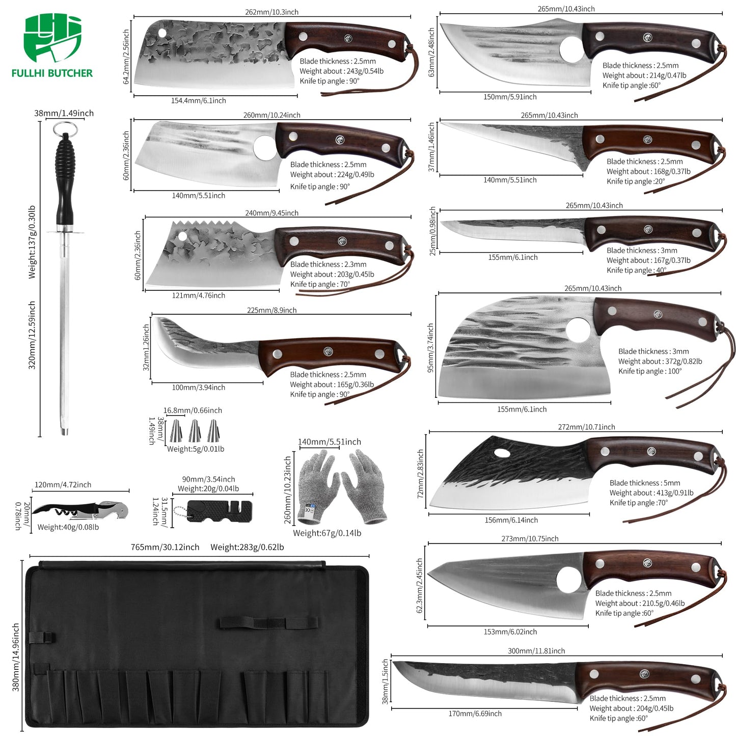 FULLHI 17pcs Butcher Chef Knife Set include sheath High Carbon Steel Cleaver Kitchen Knife Whole Tang Vegetable Cleaver Home BBQ Camping with Knife Bag
