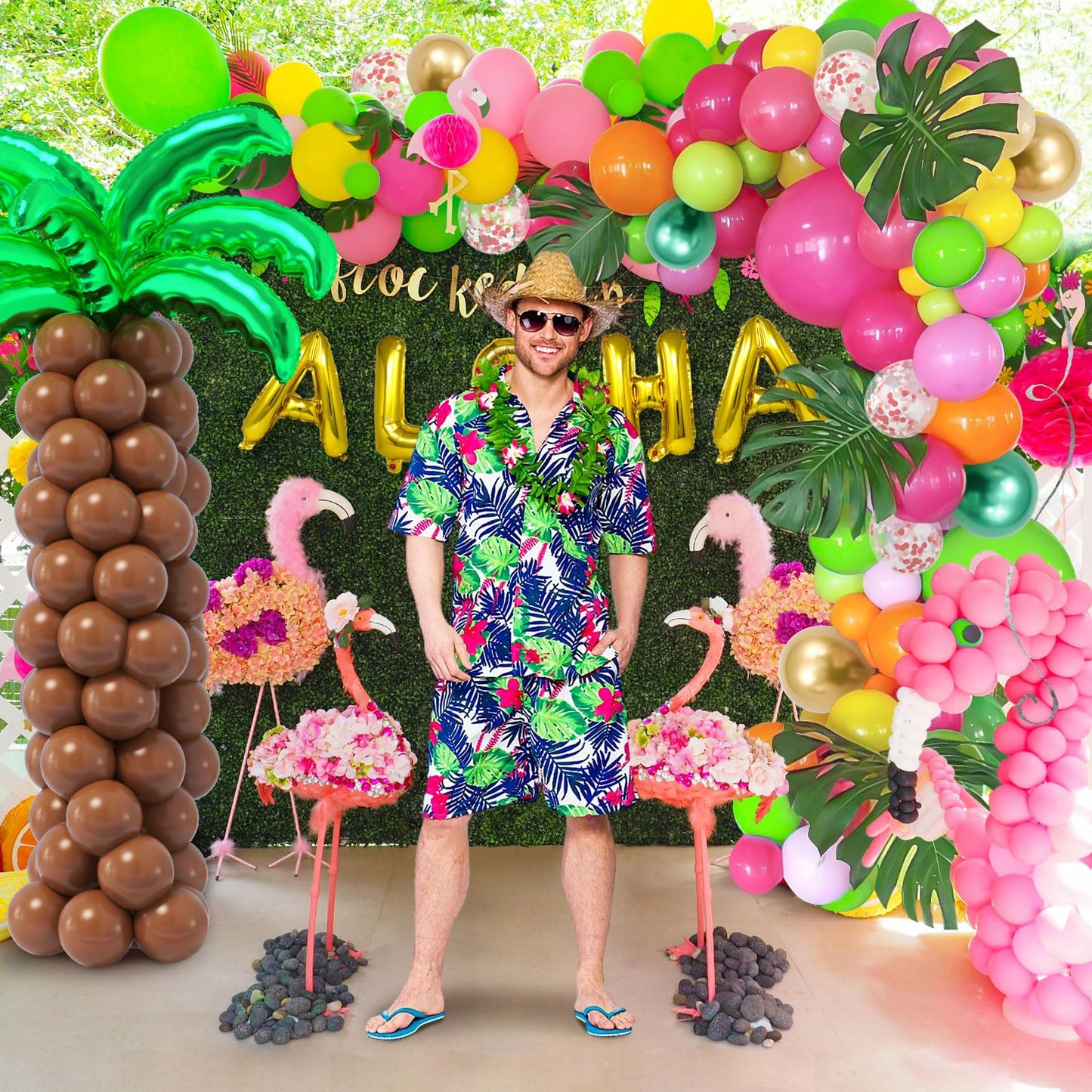 SNLN 178Pcs Tropical Luau Balloons Arch Garland Kit Hawaiian Party Decorations with Coconut Balloon Tree, Aloha Foil Balloons, Palm Leaves, Kids Adult Summer Beach Pool Luau Birthday Party Decorations