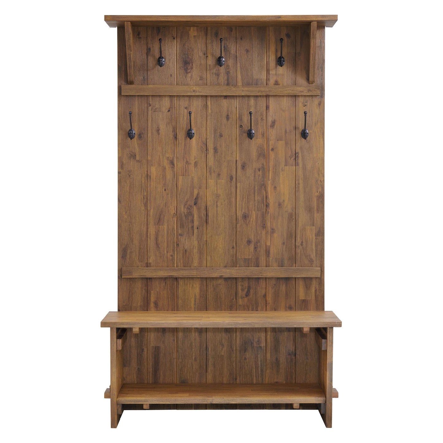 Alaterre Furniture Bethel Hall Tree with Bench – Rustic 70-Inch Entryway Organizer with 7 Metal Double Coat Hooks, Solid Wood Bench and Storage Shelves for Mudroom or Hallway (Natural Aged Brown)