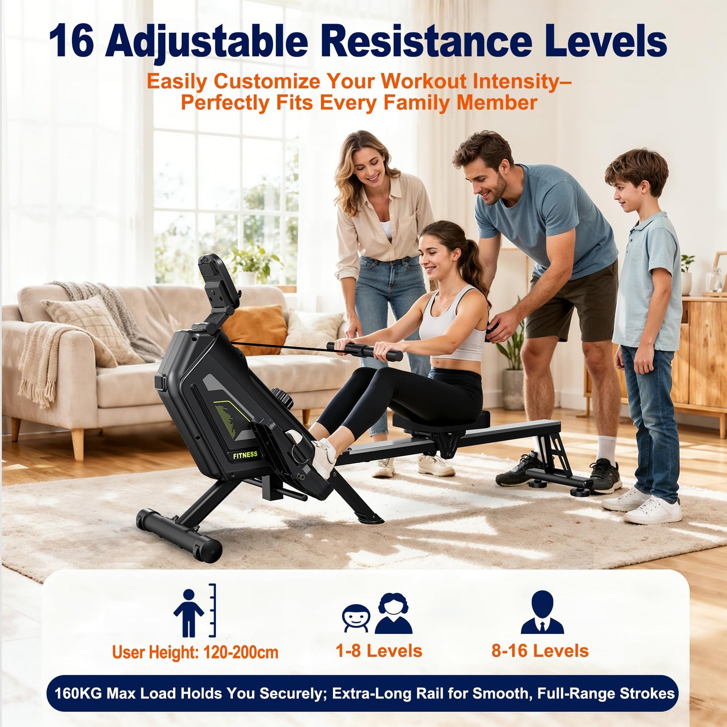 Klyzoom Rowing Machine for Home, 16 Resistance Levels, Quiet Magnetic Rower with APP, 350 LB Weight Capacity, Easy Assembly, Compact and Saves Space