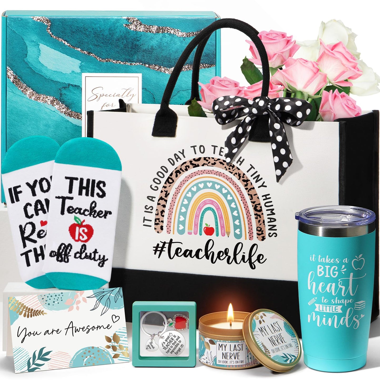 Best Teacher Appreciation Gifts for Women, End of Year Teacher Gifts from Student, Thank You Gift Basket Funny Daycare Teachers Unique Birthday Retirement Gift Set for Teachers w/ Canvas Tote Bag