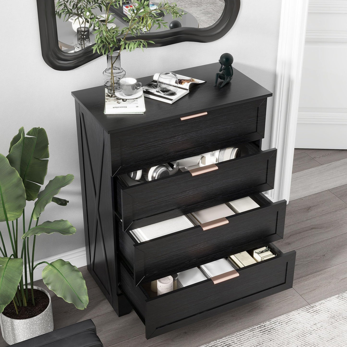 FTZxHKLX Modern 4 Drawer Dresser for Bedroom, Tall Bedroom Dresser with Large Drawer & Rose Gold Handles, Wooden Storage Organizer Cabinet Chest of Drawer for Closet, Living Room, Hallway, Black
