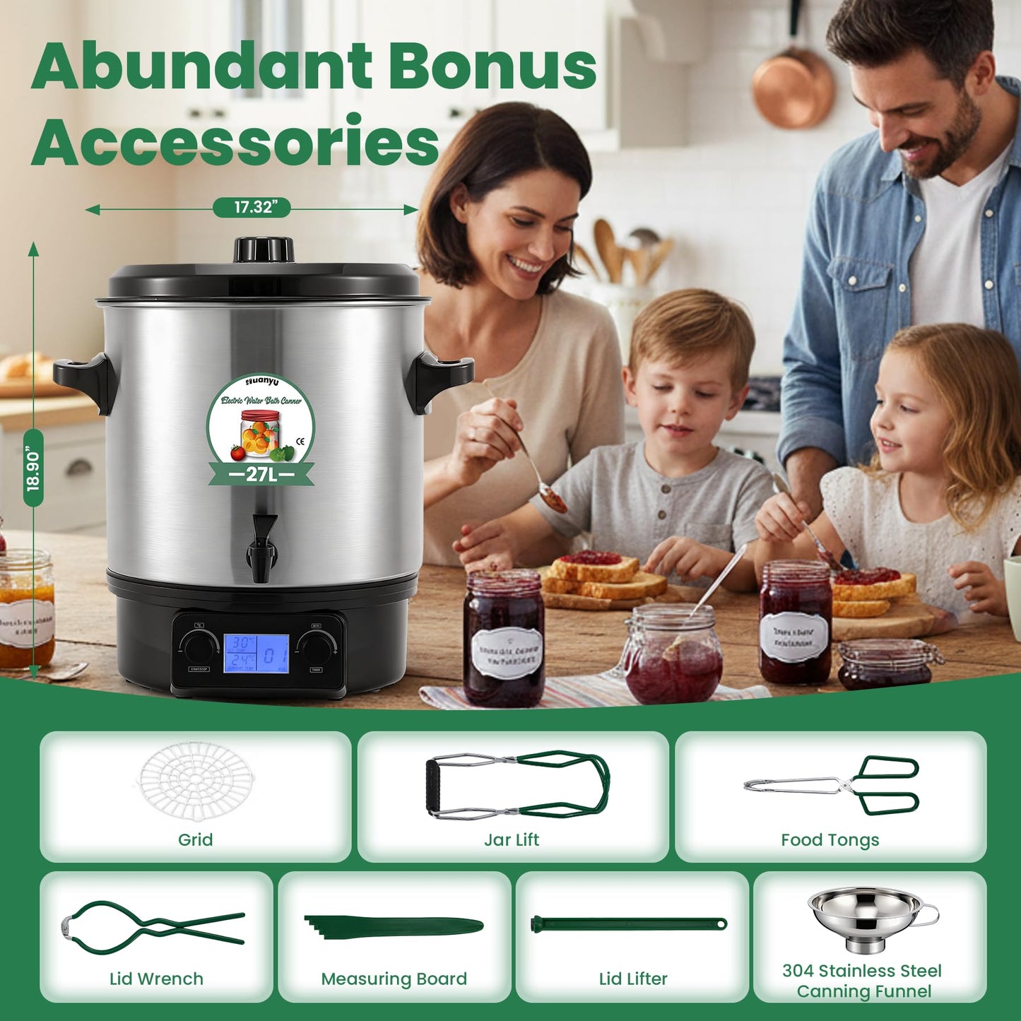Huanyu Electric Water Bath Canner Automatic 28.5QT Canning Pot 2000w Adjustable Temp&Timer Digital Control with Drain Tap Includes Jar Lifter, Funnel for Preserving Canned Food, Jam, Sauce, Soup