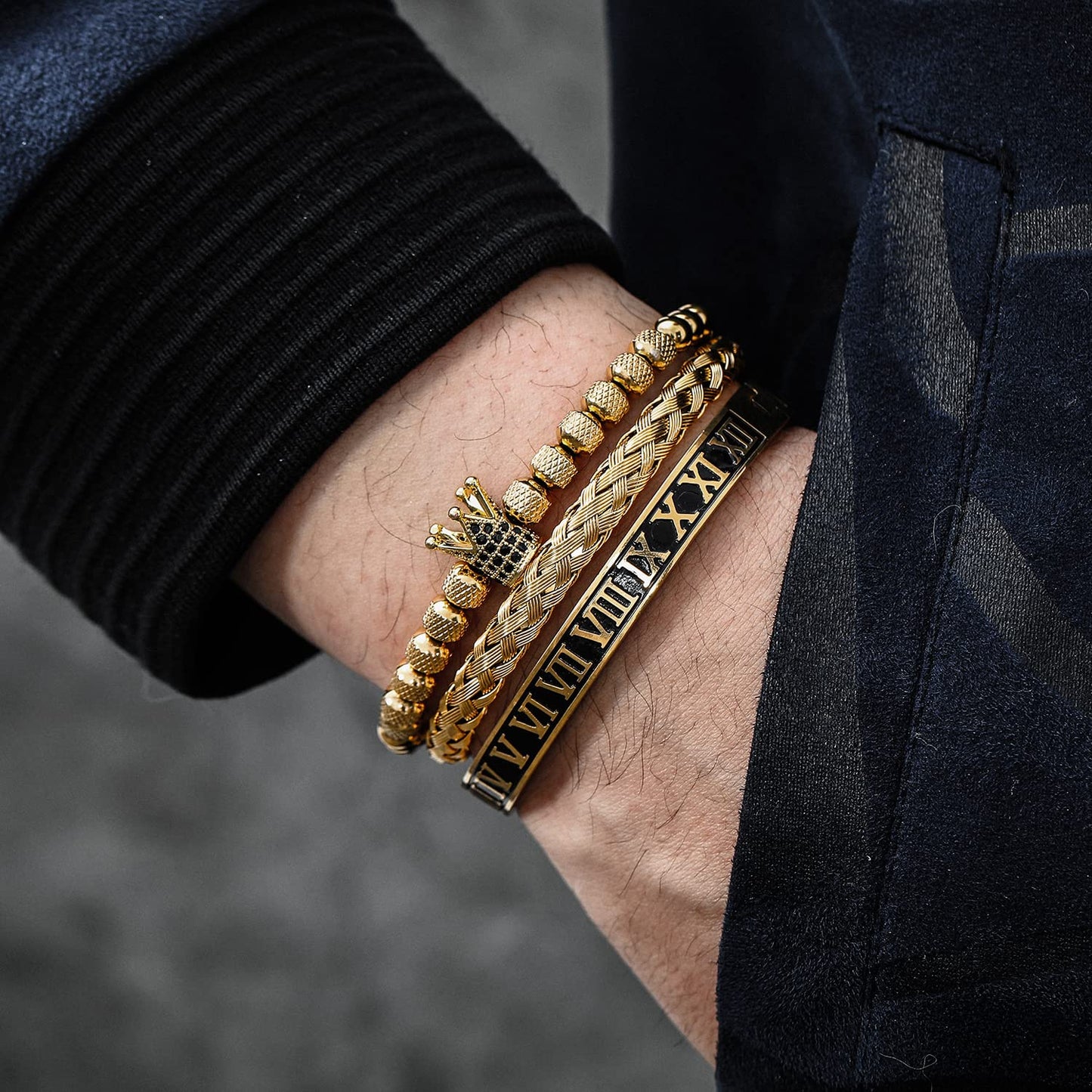 WFYOU 3PCS Stainless Steel Bracelets for Men Gold Roman Numeral Bangle Bracelet Twisted Cable Bracelet Adjustable Cuff Bracelet Mens Luxury Jewelry Bracelets Gifts(I:Gold)