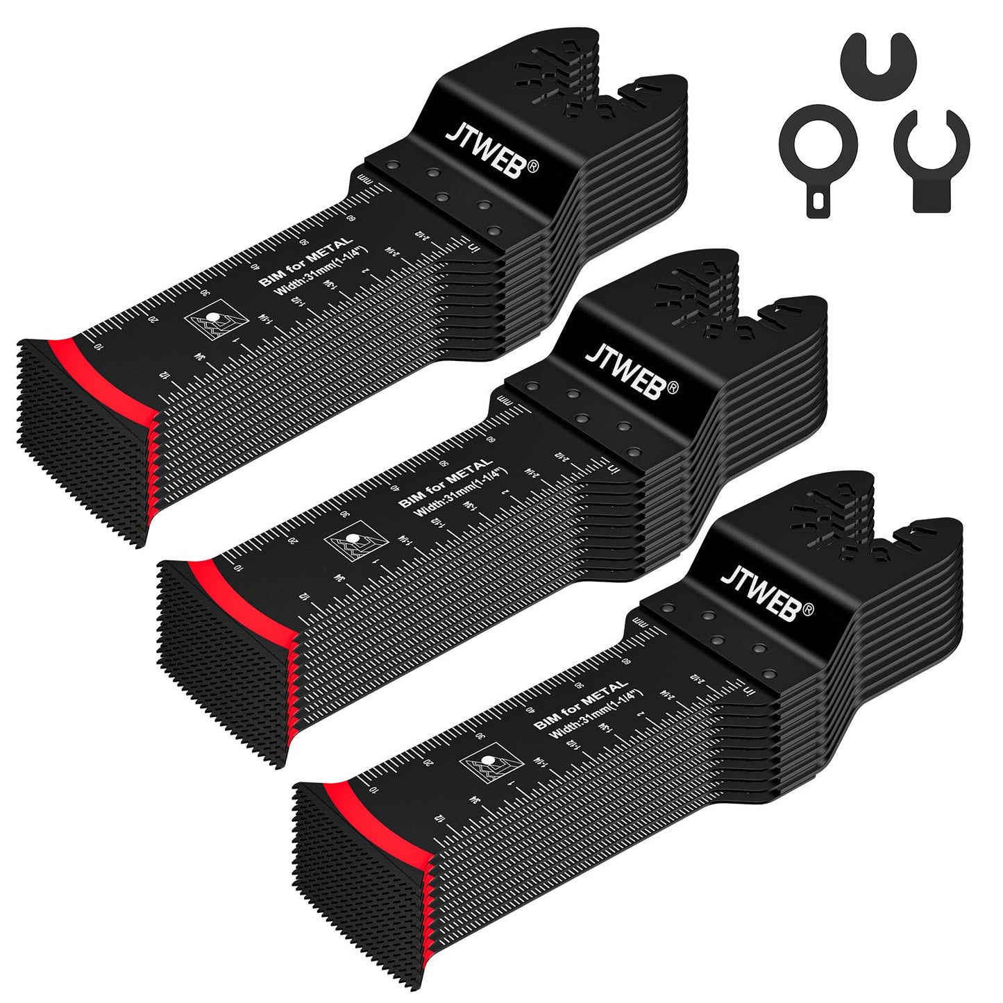 JTWEB Extra Long Oscillating Saw Blades - 30PCS Arc-Shaped Edge Bi-Metal Multitool Blades Precise Cut for Wood with Nails, Metal, Universal Quick Release Power Oscillating Tool Blades Kits