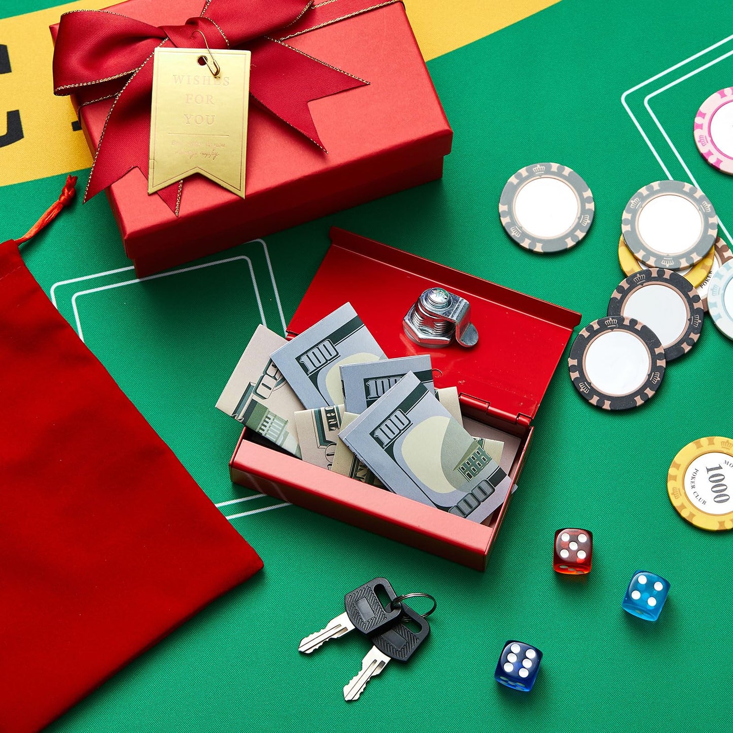 CroBlissful 3 Pcs Metal Casino Cash Box for Gambler, Pocket Size Casino Cash Safe Red Small Portable Money Slot with 2 Keys and Storage Bag Gift Stops Addictive Urges