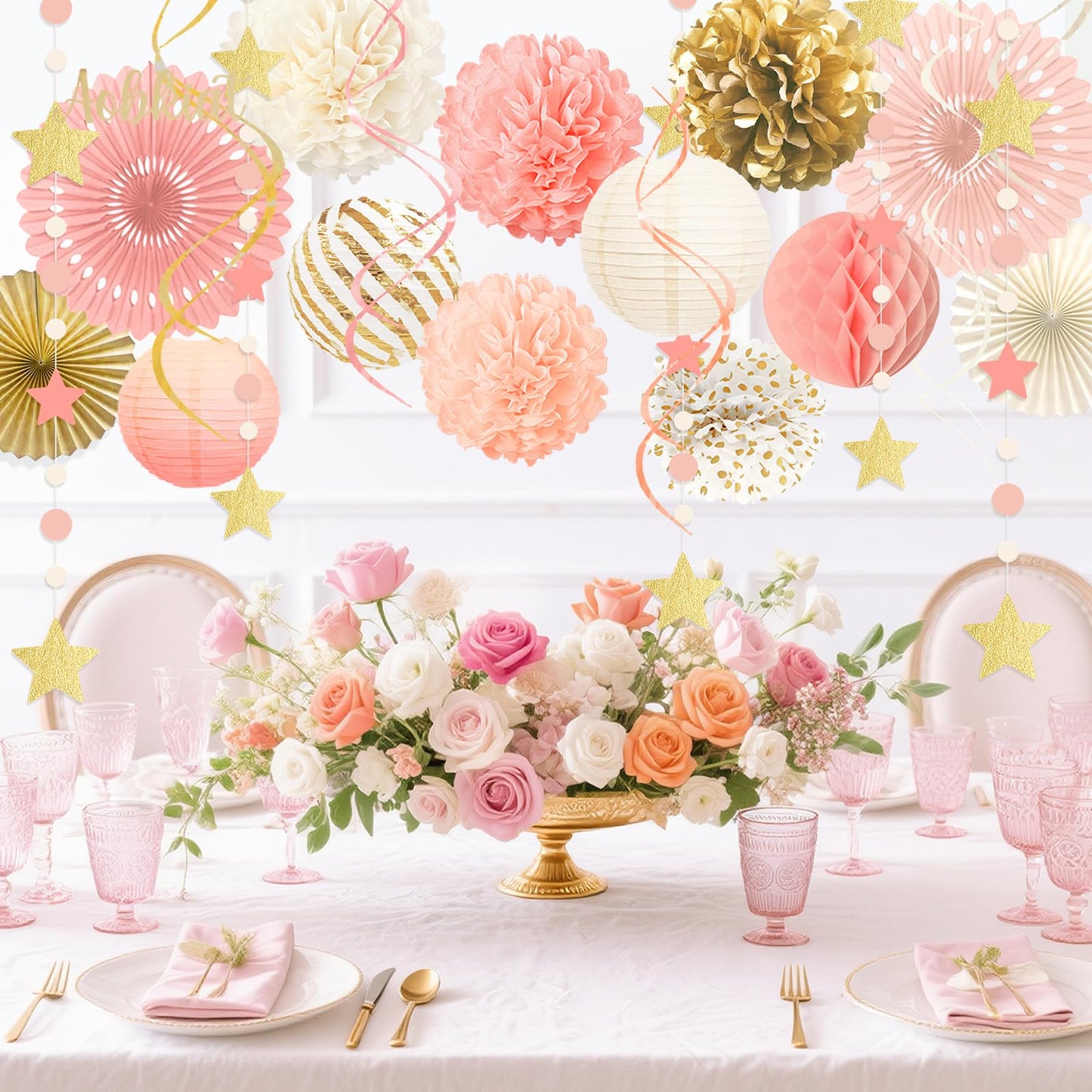 AOBKIAT Pink Gold Party Decorations Kit - 27PCS wirh Pom Poms & Lantern & Fans & Swirls & Garland & Crepe Paper Streamers for Birthday,Wedding,Baby Shower,Bachelorette,Princess Party