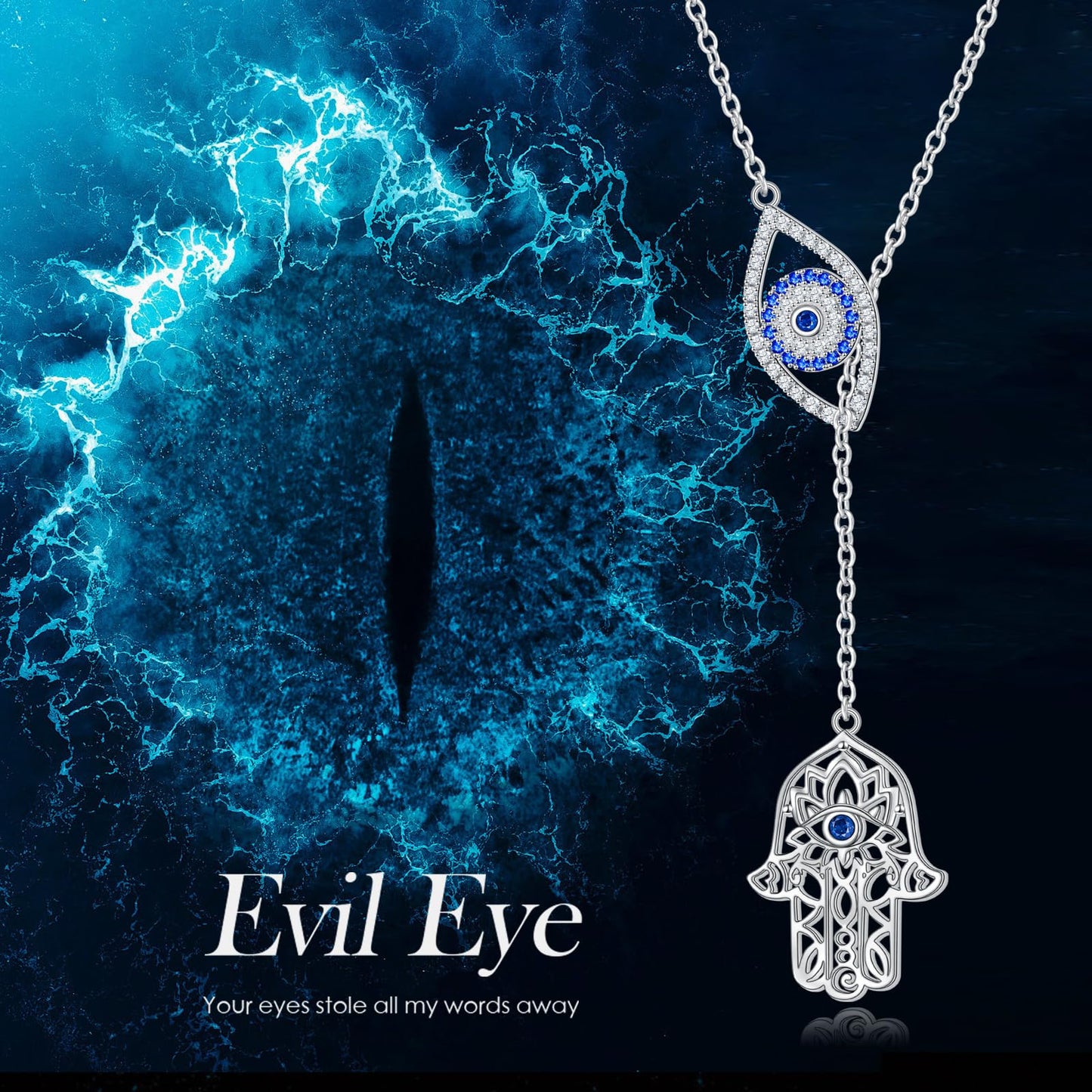 DAOCHONG Evil Eye Hamsa Hand Necklace 925 Sterling Silver Long Necklaces for Women Trendy Lariat Y Shaped Cubic Zirconia Pendant Necklaces Fashion Jewelry for Women Gift