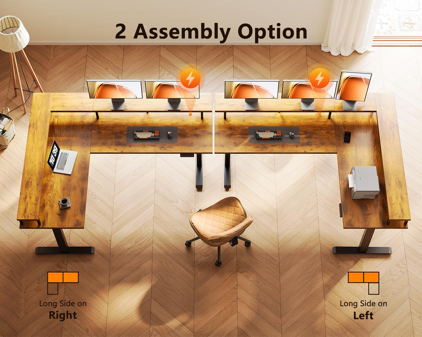 AODK Electric L Shaped Standing Desk, 59 Inch Height Adjustable Stand Up Desk with Power Outlets ＆ Full Monitor Stand, Reversible Corner Desk for Home Office ＆ Computer Workstation, Rustic Brown