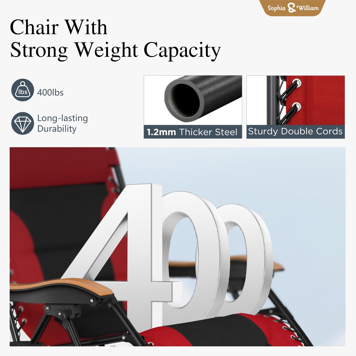 Sophia & William Oversized XXL Zero Gravity Chair Set of 2, Padded Adjustable Folding Reclining Lounge Chair Outdoor Gravity Chair with Wide Armrest and Cup Holder, Support 400 LBS, Red