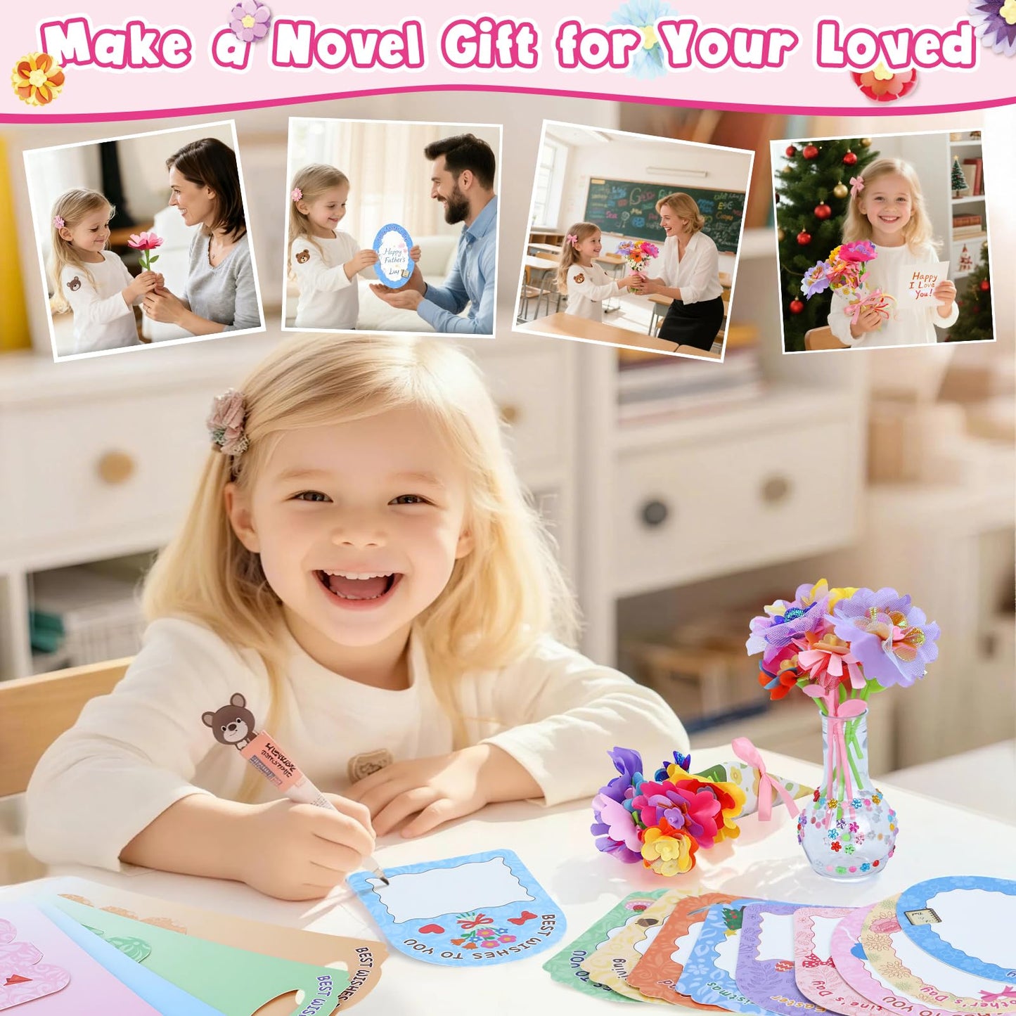 DIY Flowers Craft Kit for Girls, Flower Bouquet Maker Machine with 120 Fabric Petals, 14 Greeting Cards, Gift Wrap, Vase & Storage Bag, Creative Floral Arts and Crafts Toy for Kids Ages 3-12