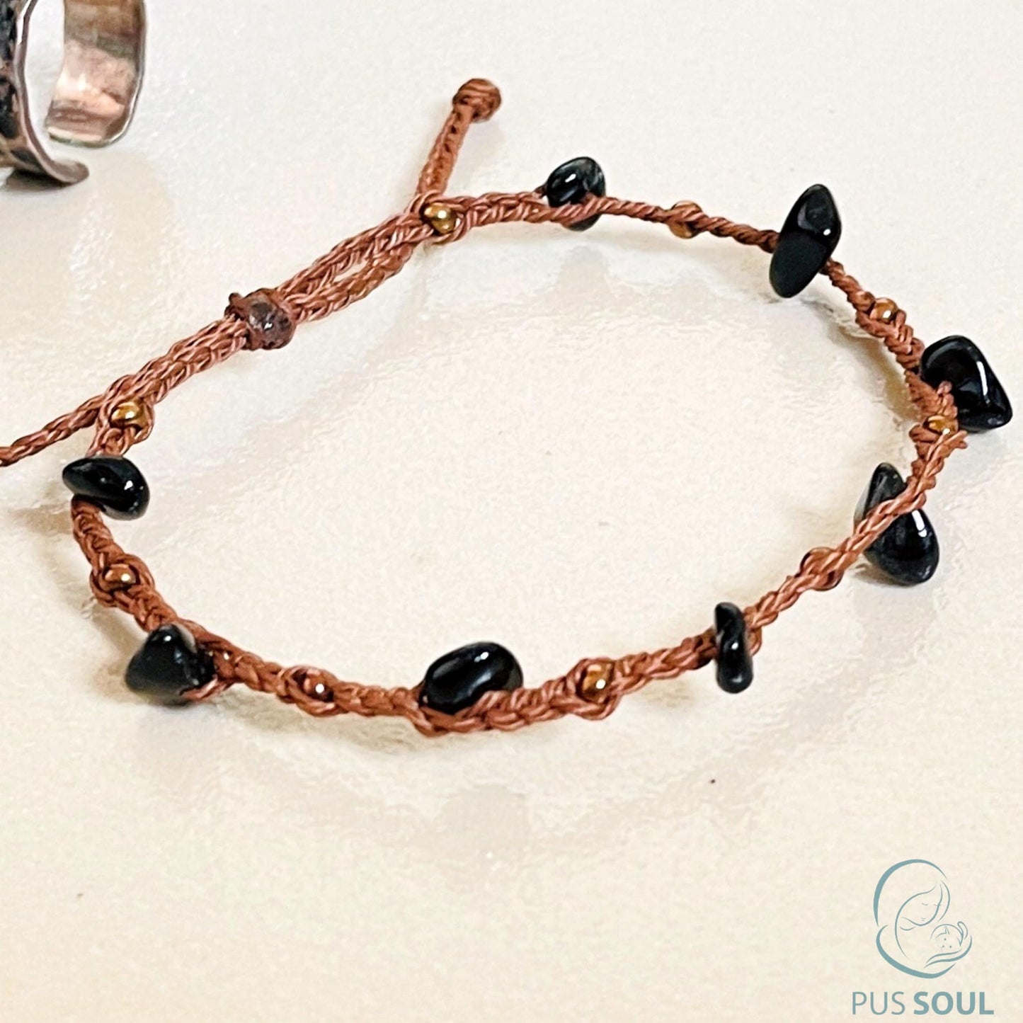 PusSoul Handmade Black Obsidian Small Crystal Bracelet (6.5-7.5'') - Adjustable & Plus Size, Real Black Obsidian, Waterproof, Chakra Beaded - Unusual Jewelry for Women, Girl & Friendship from