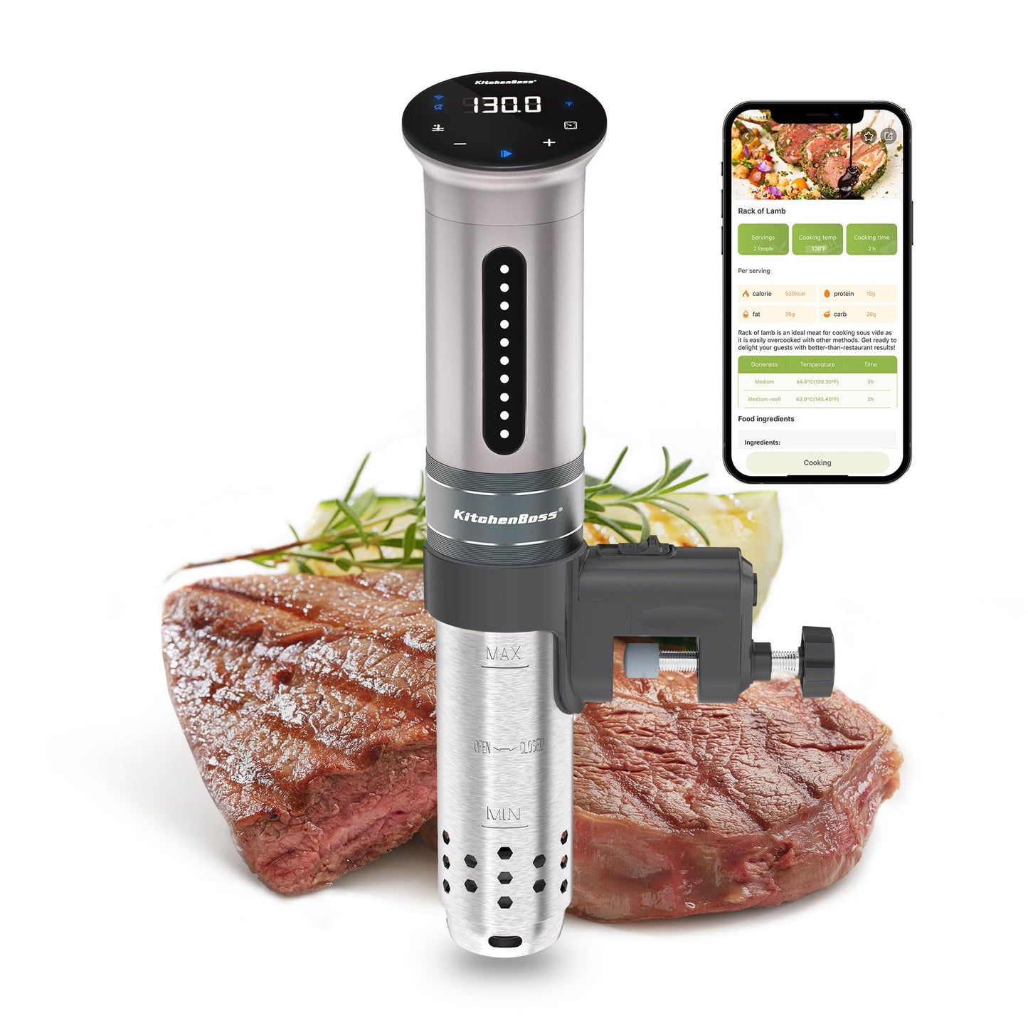 KitchenBoss Wifi Sous Vide Cooker: Ultra-quiet Sous Vide Machine Immersion Circulator APP Control 1100W, IPX7 Waterproof Sous Vide Precision Cooker Accurate Temperature Fast-Heating, Silver