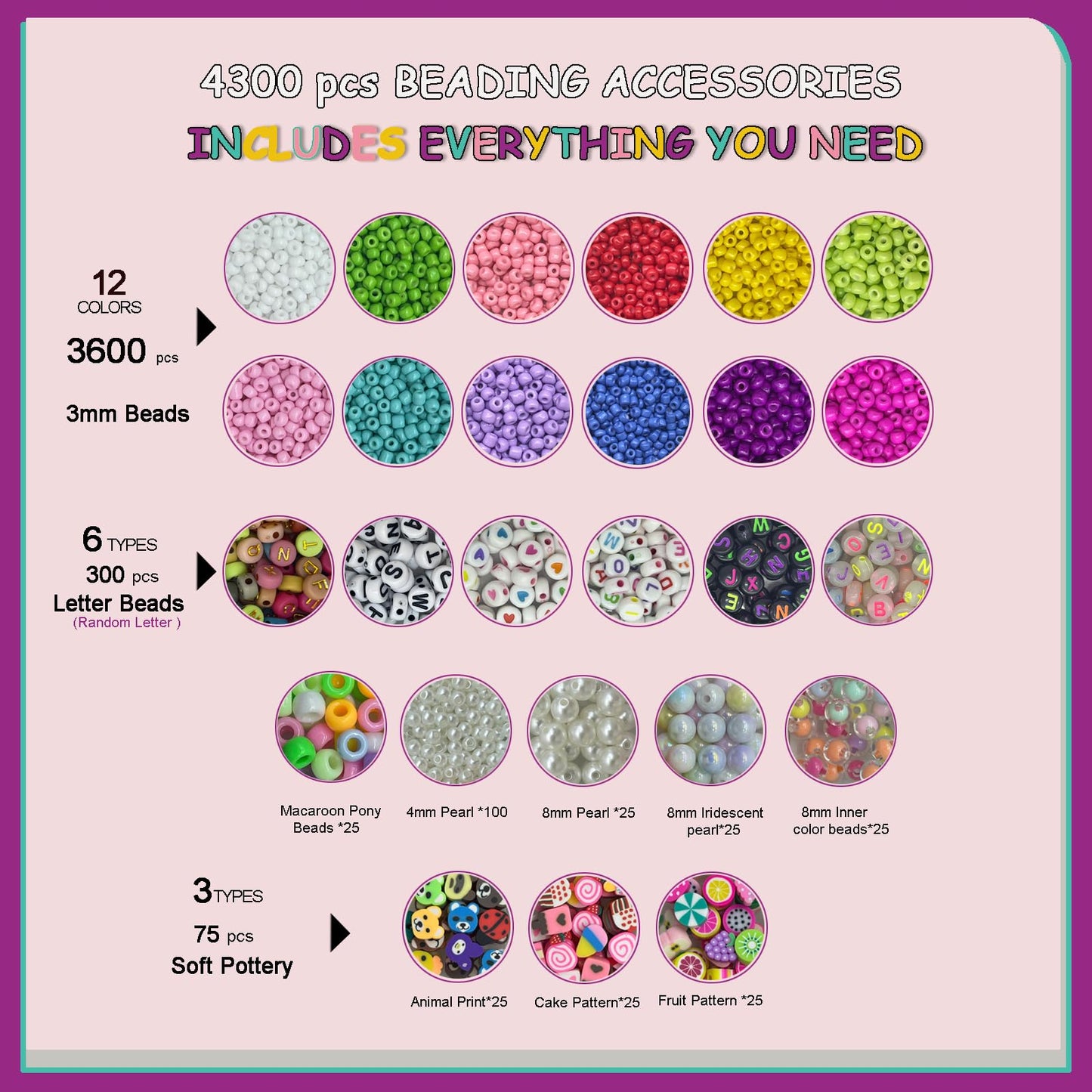 PHODDR Bracelet Making Kit for Girls,4300 piece DIY Jewelry Crafts Set, Including Beads and Pendants, Suitable for Girls Age 5-12 Birthday Gifts