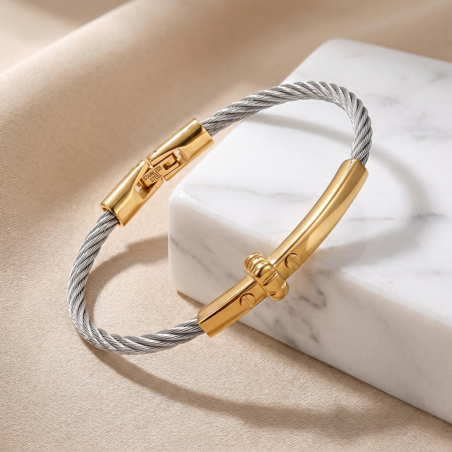 LXBQYSTO Cable Wire Twisted Cuff Bangle Bracelet For Women 14K Gold/rose/silver Stainless Steel Jewelry for Women Gift (Cross Silver Gold)