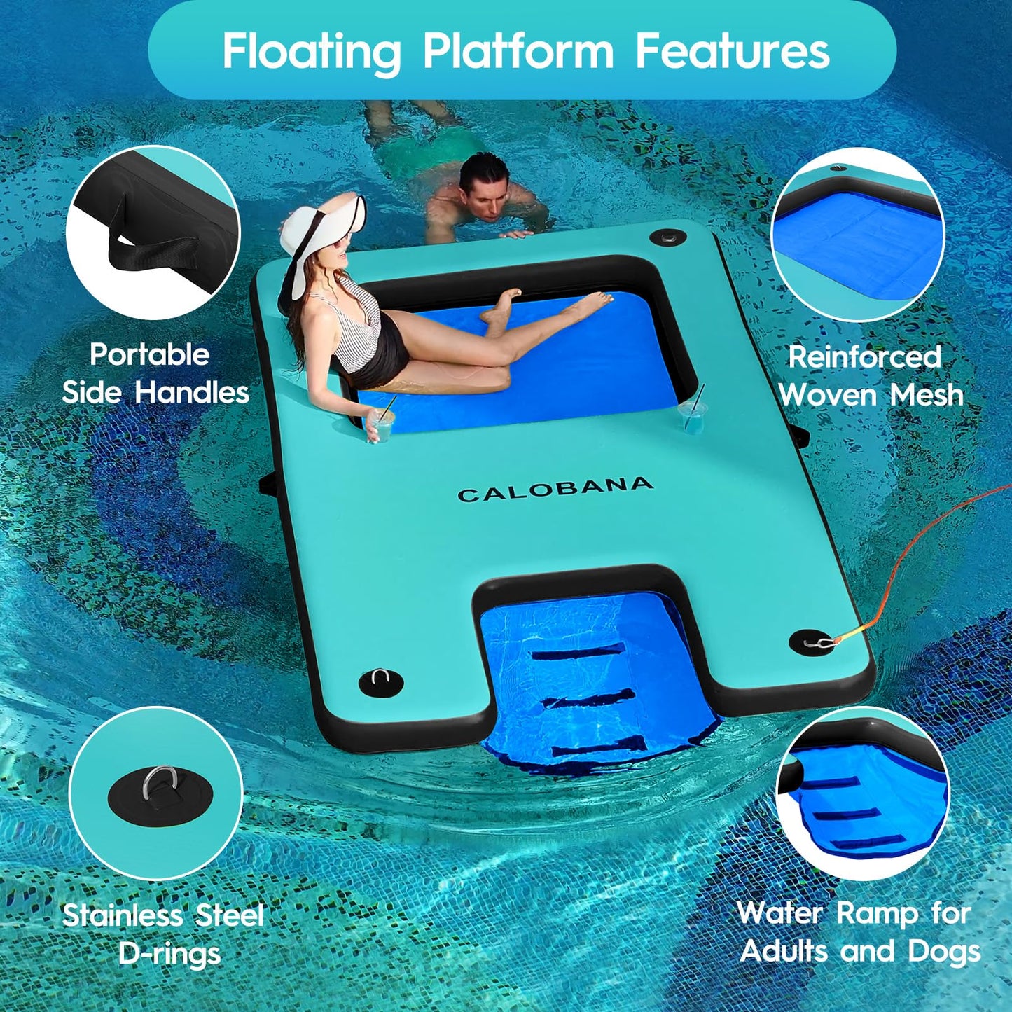 CALOBANA Inflatable Floating Dock with Boat Ramp,Lake Floats with Mesh,Tanning Pool Lounger Water Hammock for Family Party Pool Sea River Dock Boat,Mint Green+Black+Blue