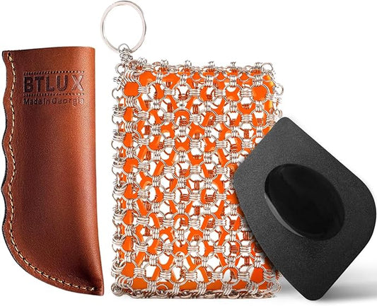 Cast Iron Care Bundle: 316 Stainless Steel ðð«ð¢ð©ð¥ð ðð¢ð§ð  ðð¡ðð¢ð§ð¦ðð¢ð¥ Scrubber (Orange) & Extra Thick Leather Handle Cover (ðððð ð¢ð§ ððð¨ð«ð ð¢ð) â Perfect for Pan