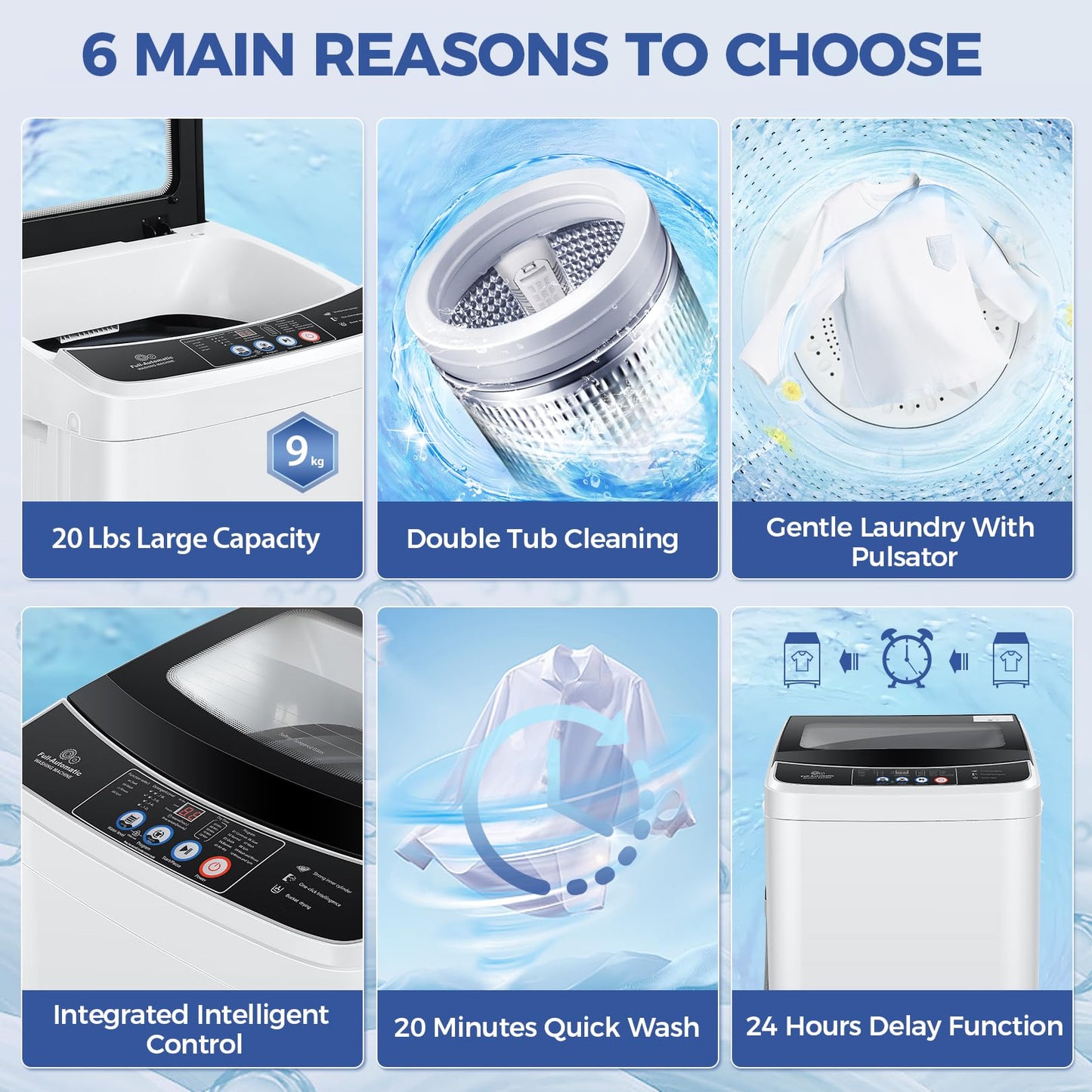 Nictemaw Portable Washing Machine, 20Lbs Capacity Full-Automatic Portable Washer with Drain Pump, 2.8Cu.ft Washer and Dryer Combo with 10 Programs & 8 Water Levels for Apartment, Dorms, RV- Glass Lid