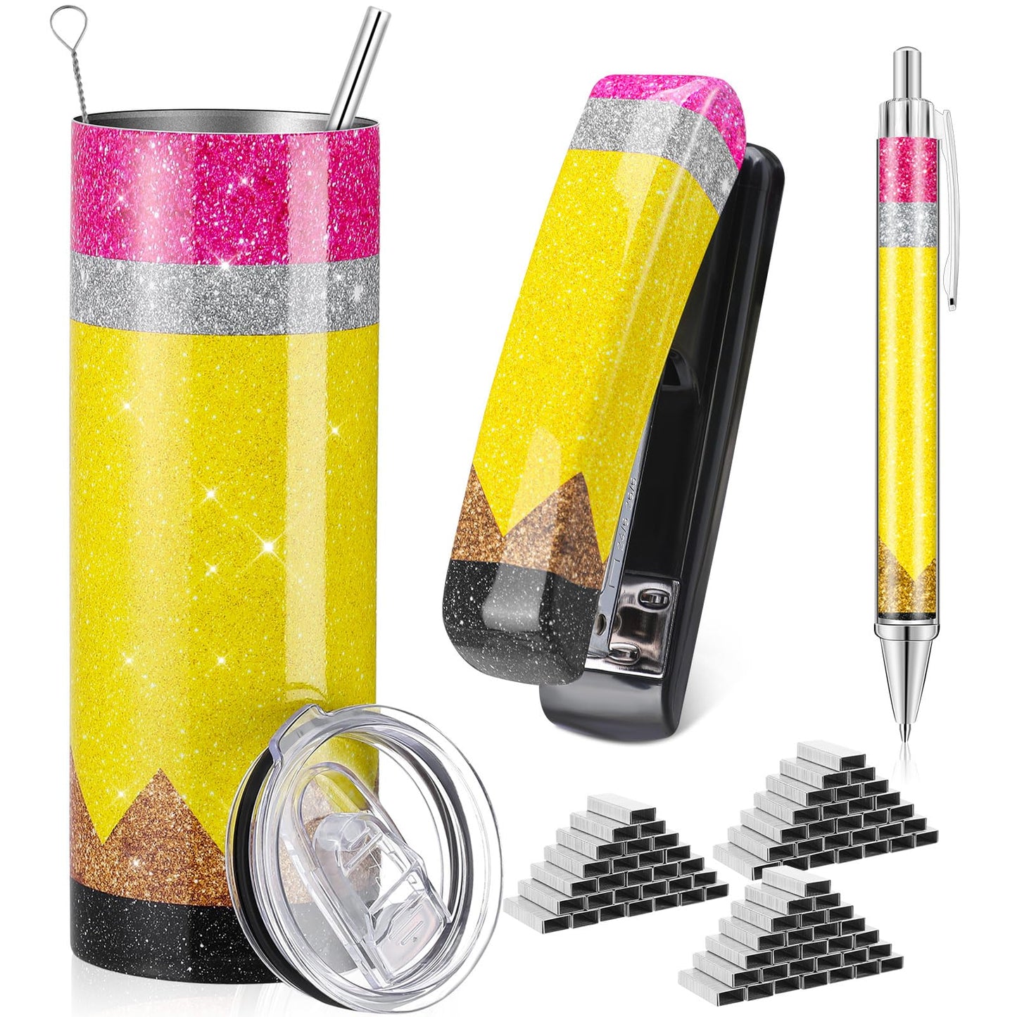 Humyoun 3 Pcs Teacher Appreciation Gifts Set Glitter Pencil Stapler Tumbler Ballpoint Pen Teacher Gift Office Supply 20 oz Stainless Tumbler Stapler with Staples for 2026 Graduation School Gift