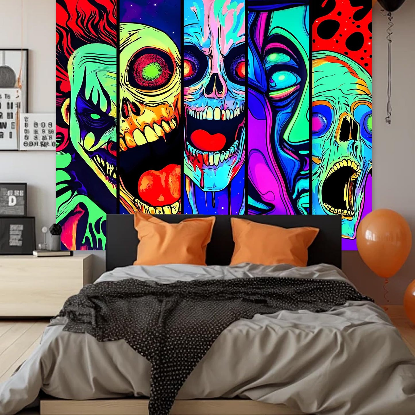 Apdidl Blacklight Halloween Horror Decor Tapestry for Bedroom, Black Light Posters Skull Face Scary Skeleton Funny Wall Art Tapestries，UV Reactive Glow in The Dark Party Wall Hanging for Living Room 51"X60"
