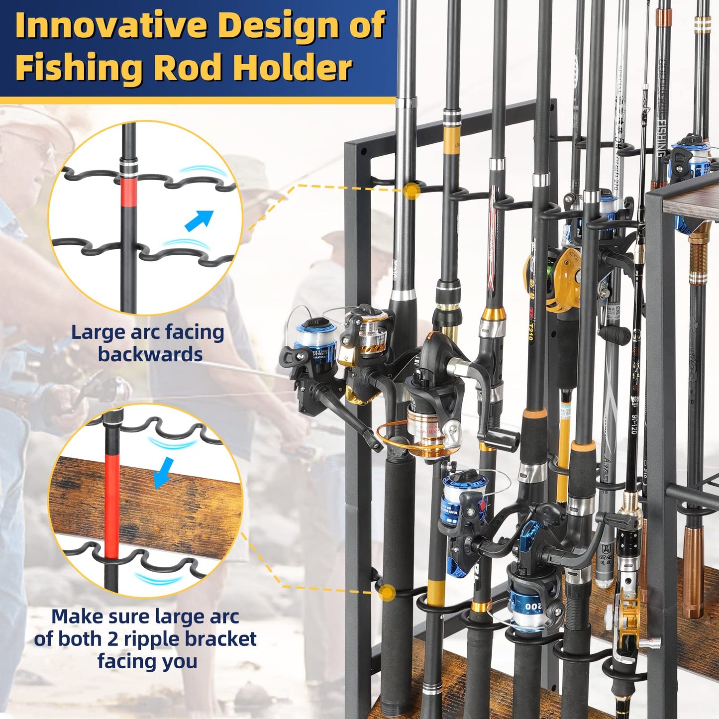 Olakee Fishing Rod Holder for Garage, 12 Fishing Pole Rack & Tackle Organizer, Fishing Gear Storage Cart for Home Entryway & Corner, Space Saving Rod Stand, Heavy Duty Gift for Men Dad Anglers