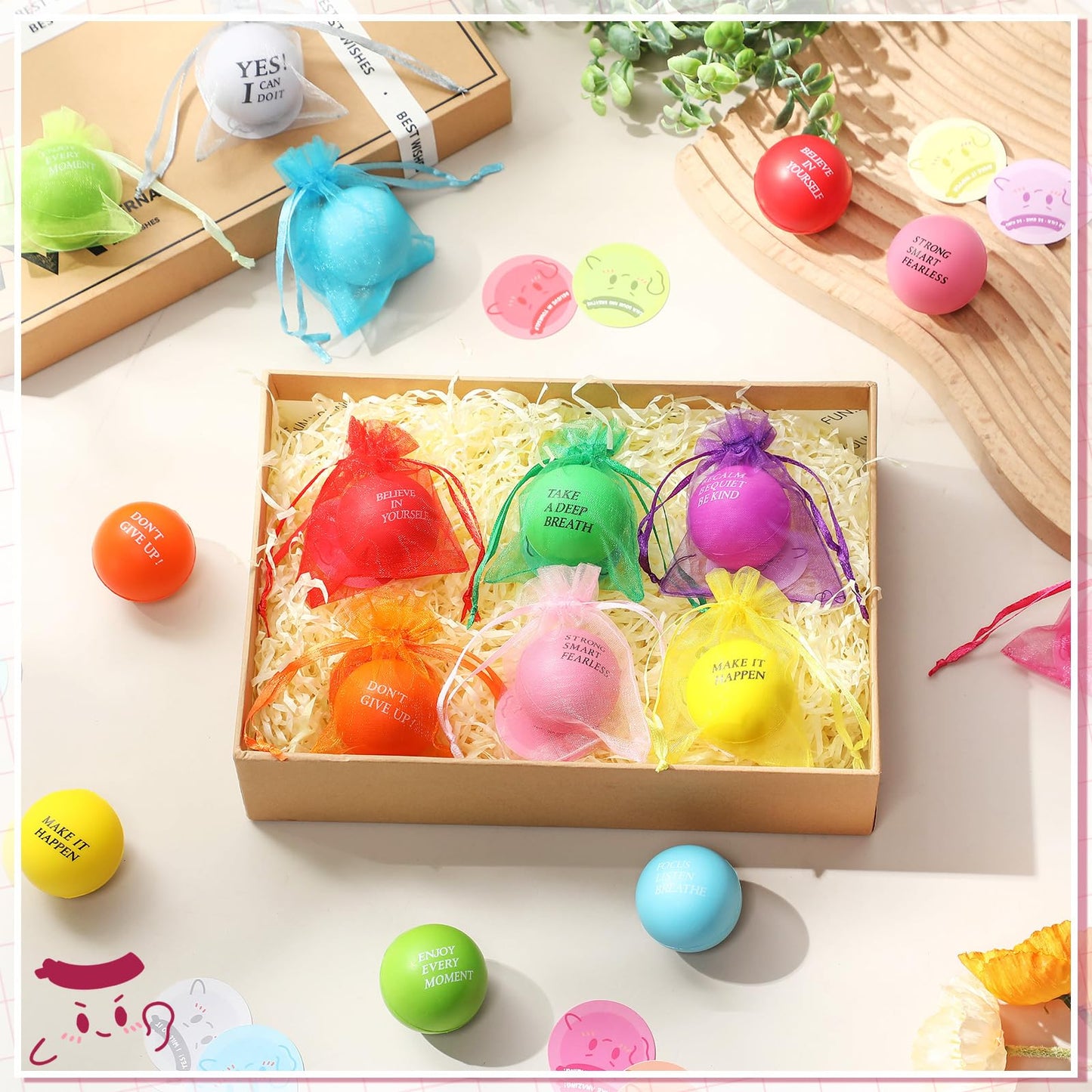 Meooeck 60 Set Stress Ball Gift with 60 Card 60 Organza Bag Motivational Stress Balls for Adult Employee Appreciation Gift Stresses Relief Balls with Inspirational Quote for Office Team Coworker Staff