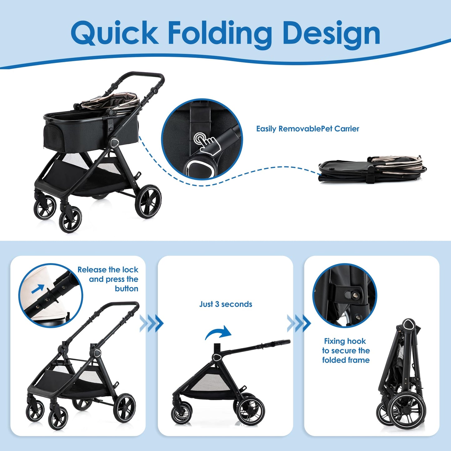 KAVELLIN Pet Stroller for Small/Medium Dogs, Foldable Dog Stroller with Detachable Carrier,3 in 1 Pet Stroller for Dogs Cats up to 50 lbs, Cup Holders,Easy Assembly, Black