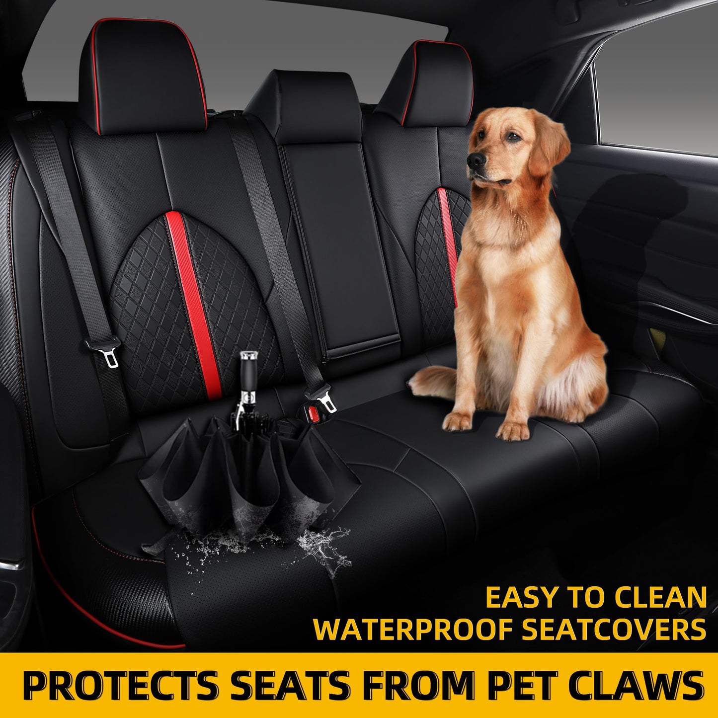 OURPLOT Custom Fit Camry Seat Covers for 2018-2024 Toyota Camry Hybrid LE SE, Waterproof Faux Leather Full Coverage Car Seat Protectors Full Set (Black+Red)