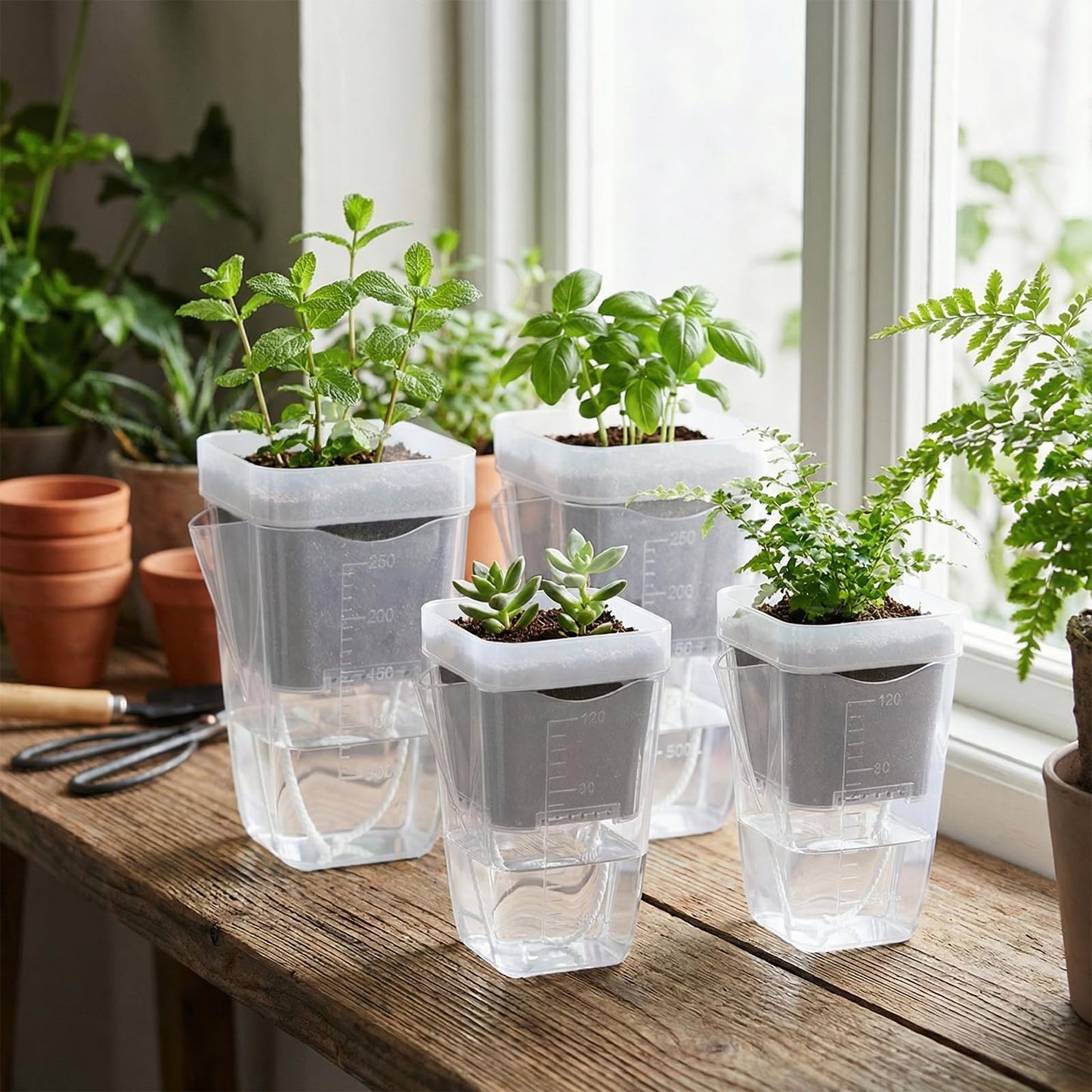 15-Pack 2.5 Inch Mini Self Watering Pots for Indoor Plants, Semi Hydroponic Pots, Small Clear Plastic Planters, Drainage Hole, Water Level Indicator, African Violets, Alocasia, Cutting, Seeding