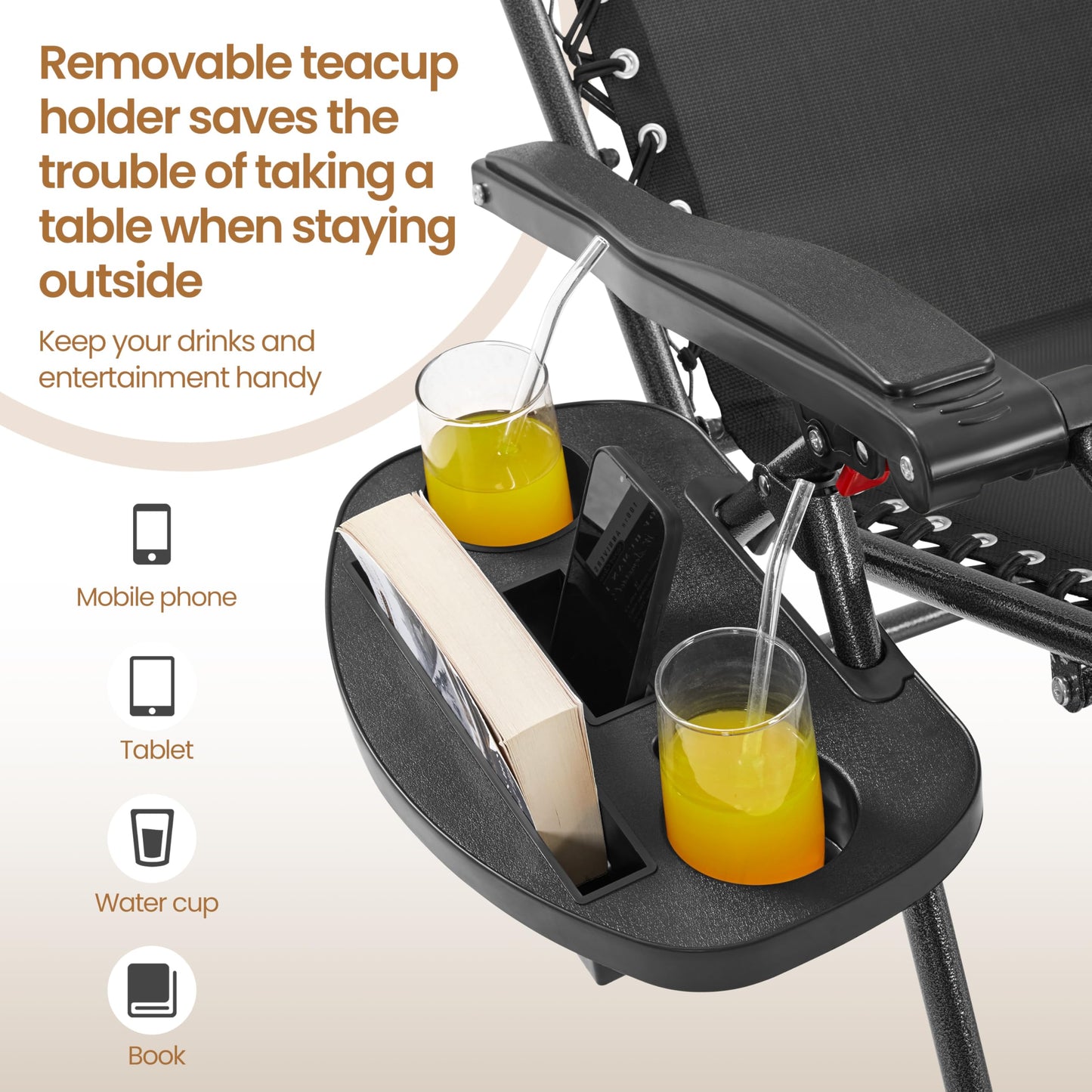 Yaheetech Outdoor Zero Gravity Chair Foldable Recliner Adjustable Patio Lounge w/Canopy Shade, Side Cup Holder Tray, Carry Strap for Garden Beach Lawn Deck Black/1