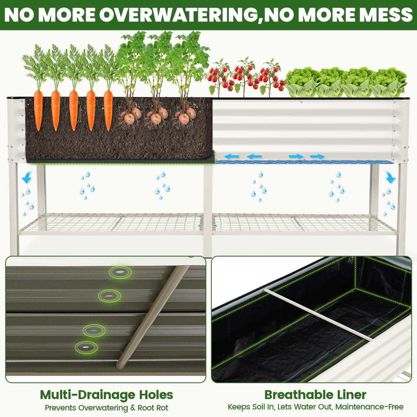 Elevated Raised Garden Bed 2' x 6'- Galvanized Metal Planter Boxes with Legs & Storage Rack, Outdoor Planters for Backyard/Patio/Balcony, with Drainage Holes for Vegetables, Flowers, Herbs, White