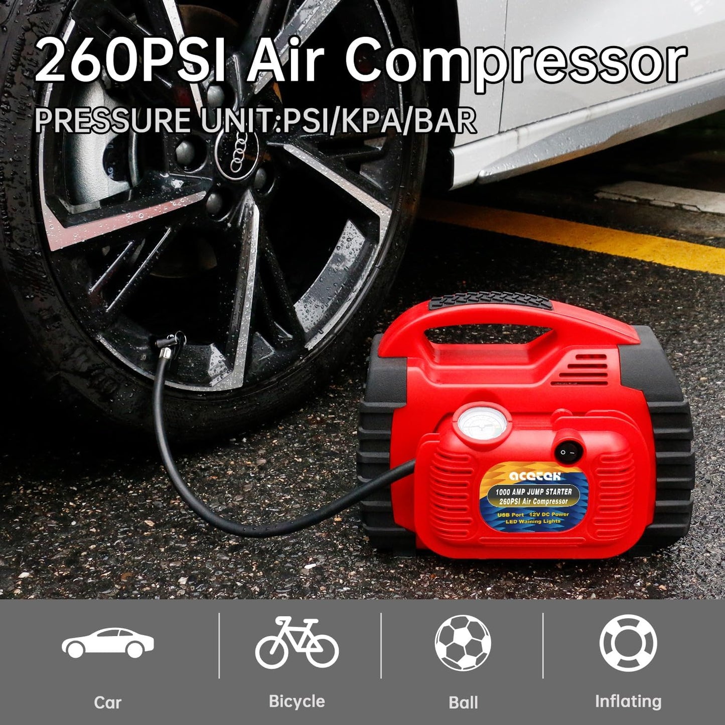 Jump Starter, acetek 1000Amp 12V Lead-Acid Battery Jump Starter with 260 PSI Air Compressor, Jump Box for Up to 5.0L Gas & 5.0L Diesel Engines, Portable Power Station with LED Light