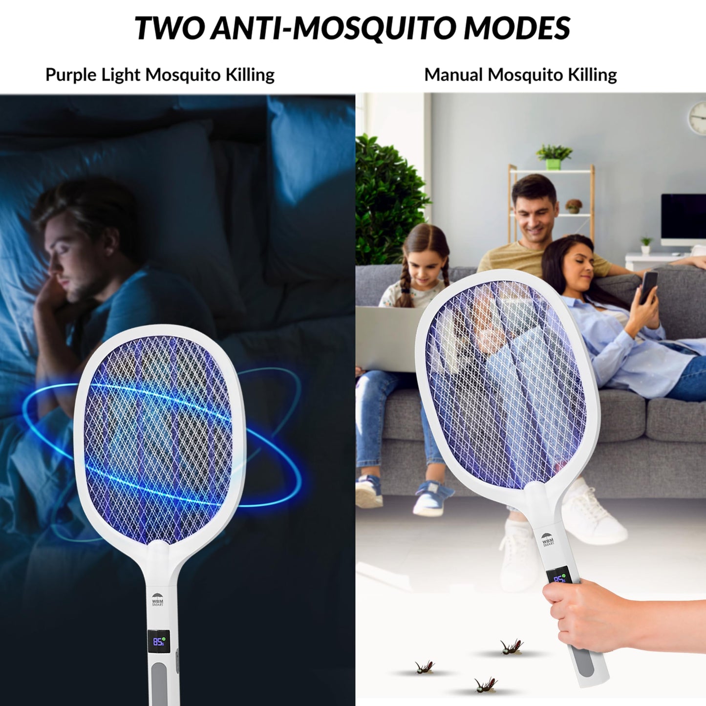 WBM Smart 2 in 1 Electric Bug Zapper, Mosquitoes Trap Lamp & Racket, USB Rechargeable Electric Fly Swatter for Home and Outdoor Powerful Grid 3-Layer Safety Mesh Safe to Touch, Pack of 2